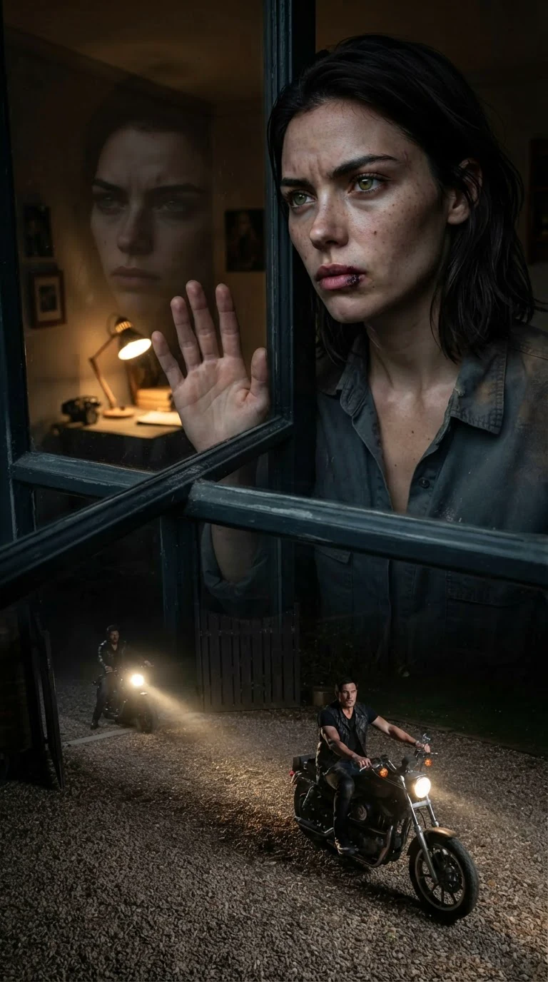 The young woman stands alone at the small window in the dark, a motorcycle's headlight moving across the yard below.