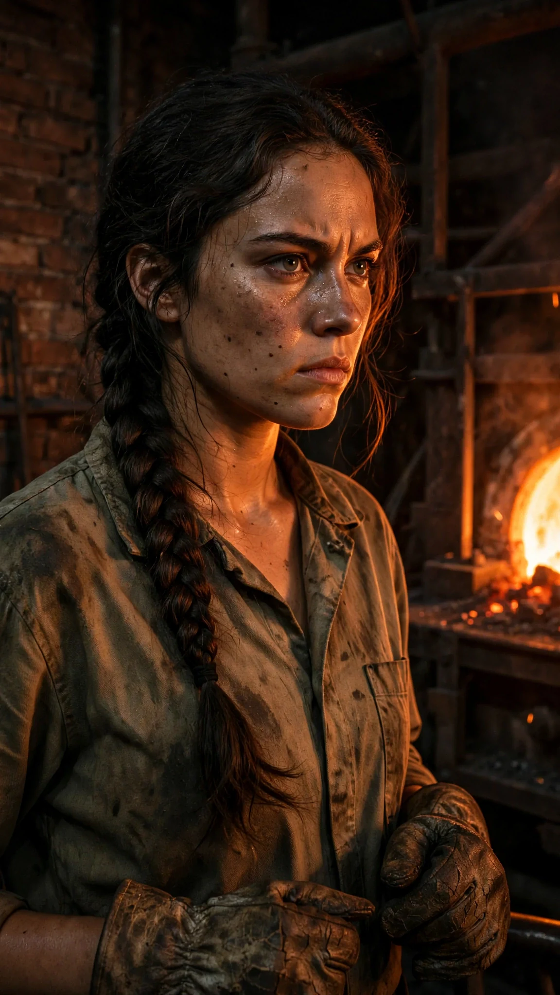 A young woman in a stained work shirt stands before a glowing foundry furnace at night.