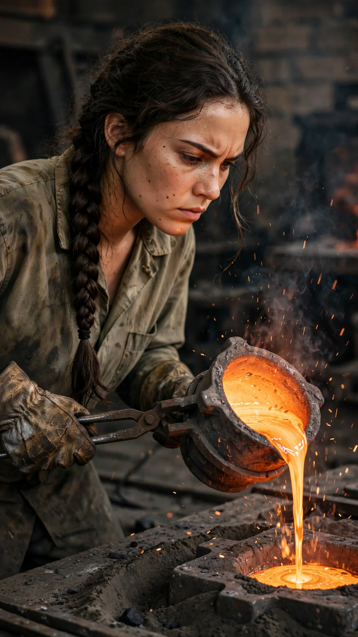 The woman tips a crucible of molten bronze toward a sand mold.
