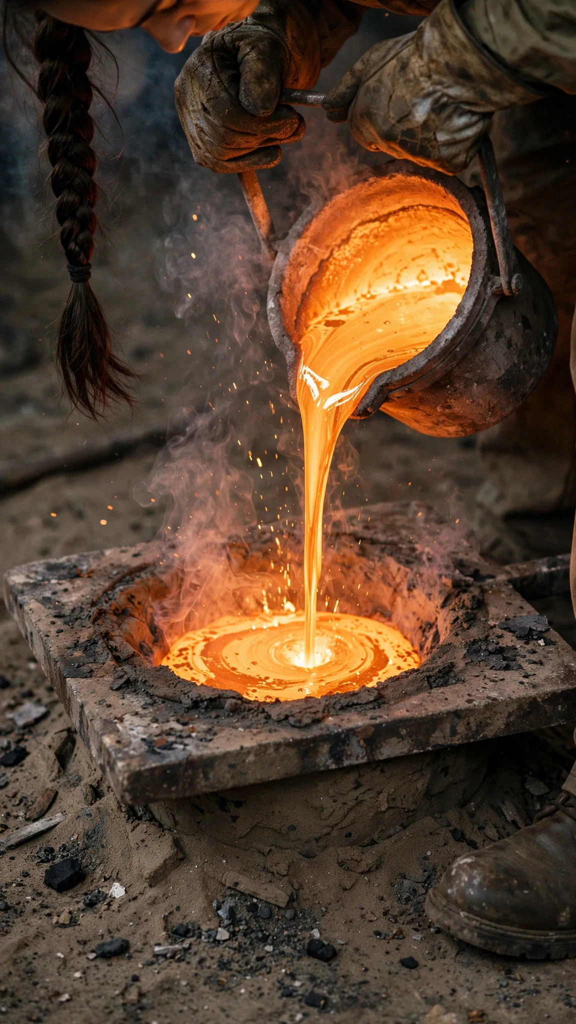 Molten bronze runs into a sand mold, steam and sparks rising.