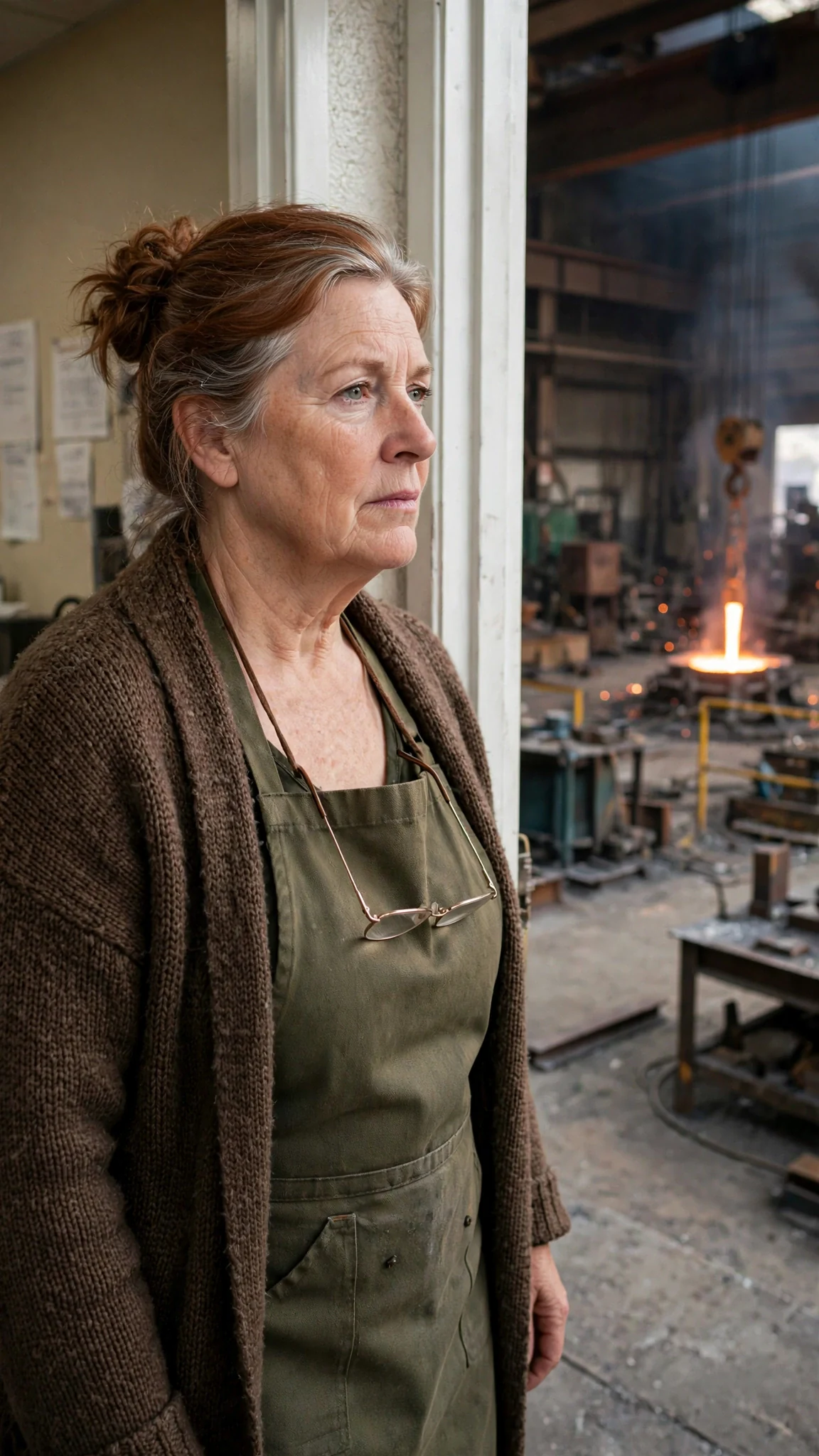 An older woman with reading glasses on a cord stands in the foundry office doorway.