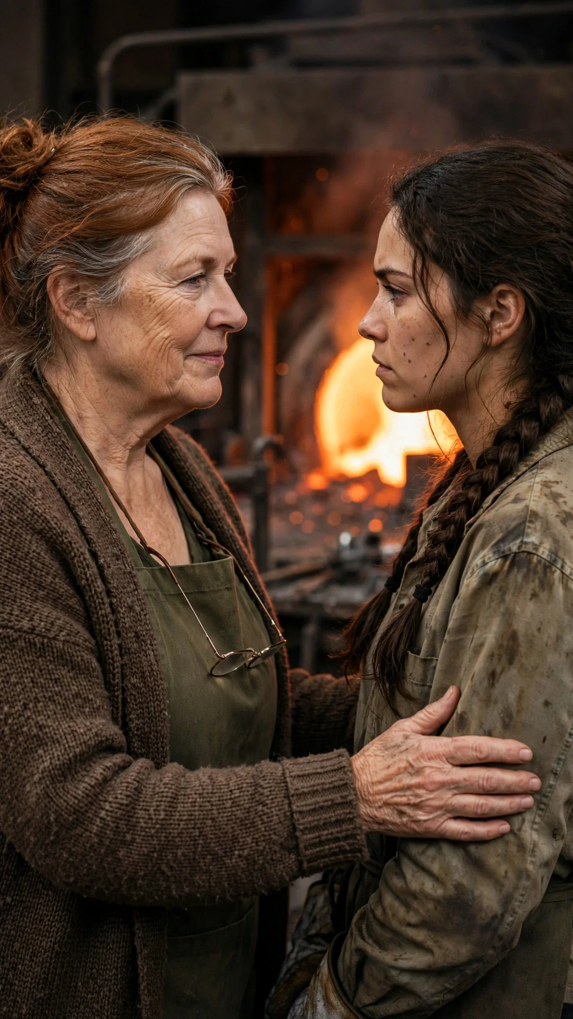 The mother and daughter face each other near the cooling mold.