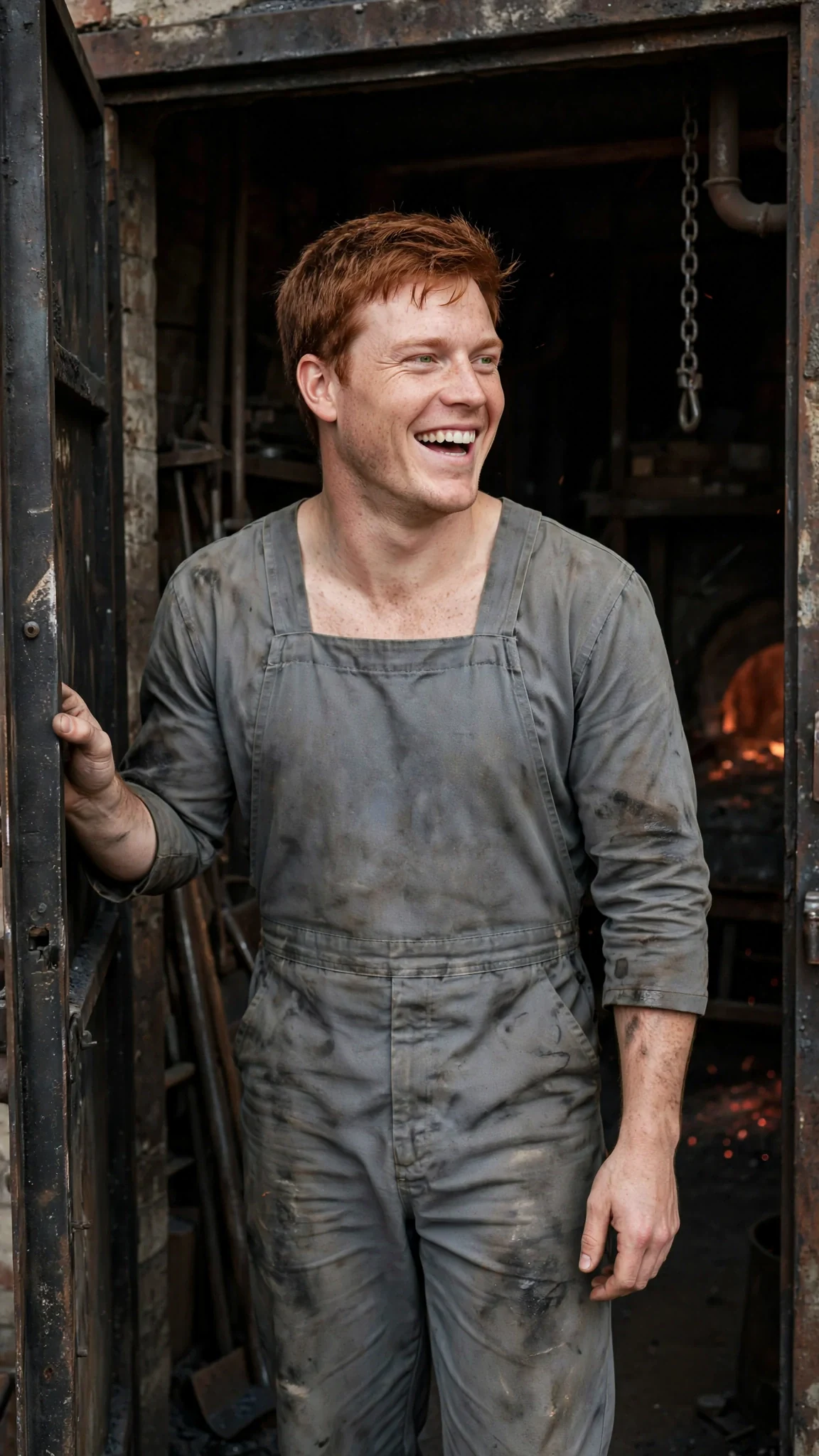 A broad-shouldered young man with red-brown hair and freckles laughs in the foundry doorway.