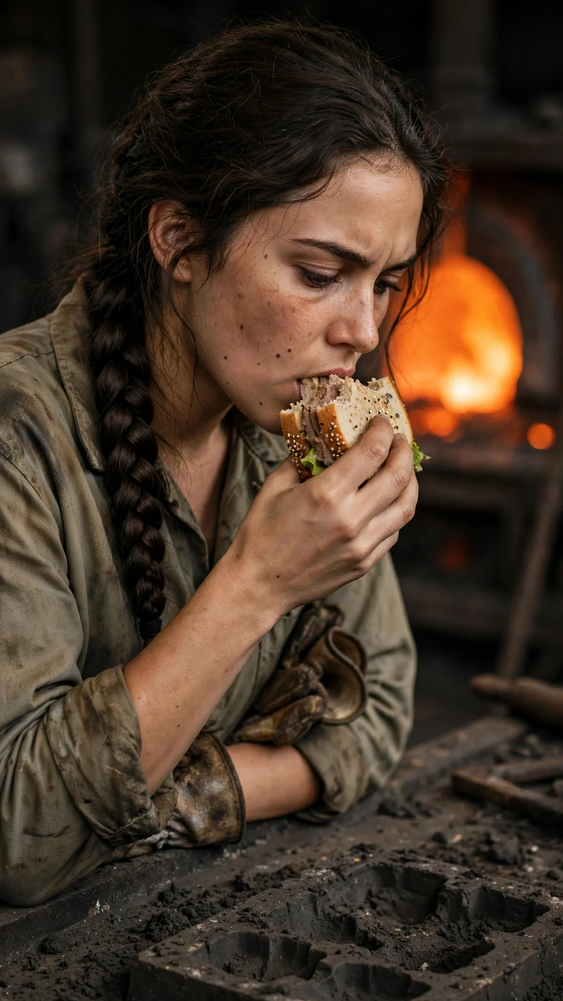 The woman eats standing up, watching the sand mold cool.