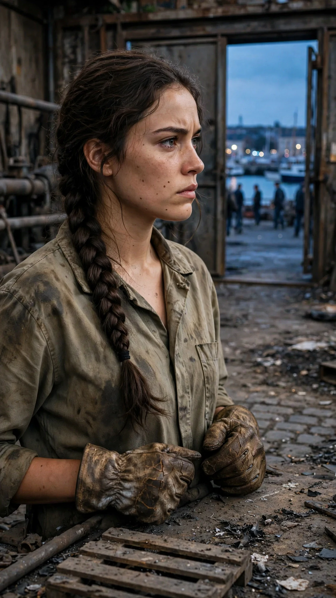 The woman looks toward the foundry gate, laughter coming from the quay beyond.
