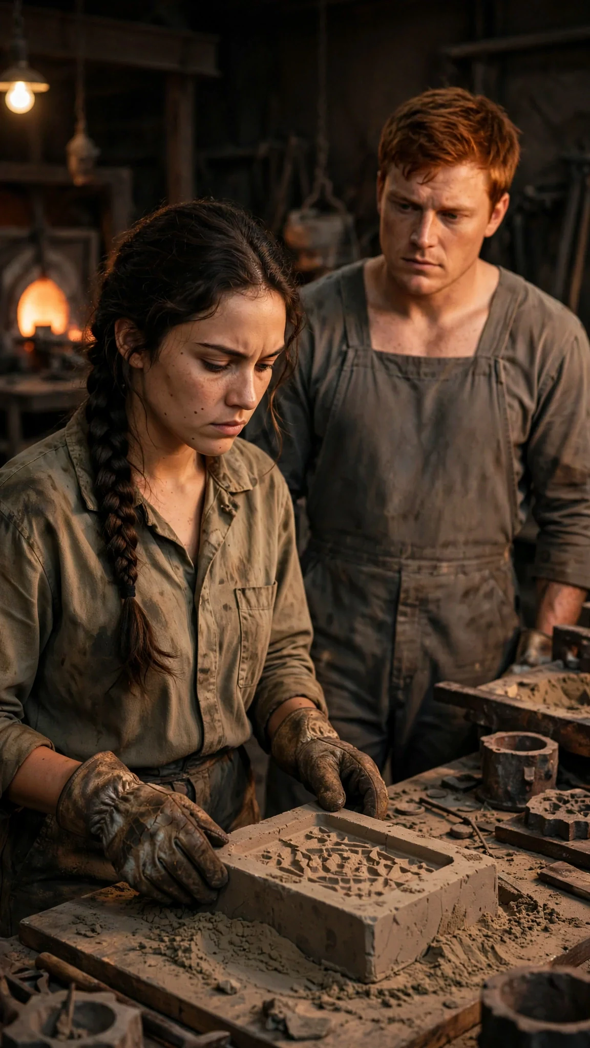 The woman keeps her eyes on the mold while her brother watches her.