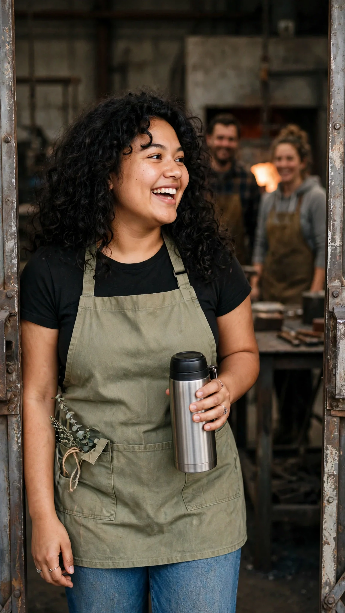 A round-faced woman with dark curls arrives at the gate carrying a thermos.