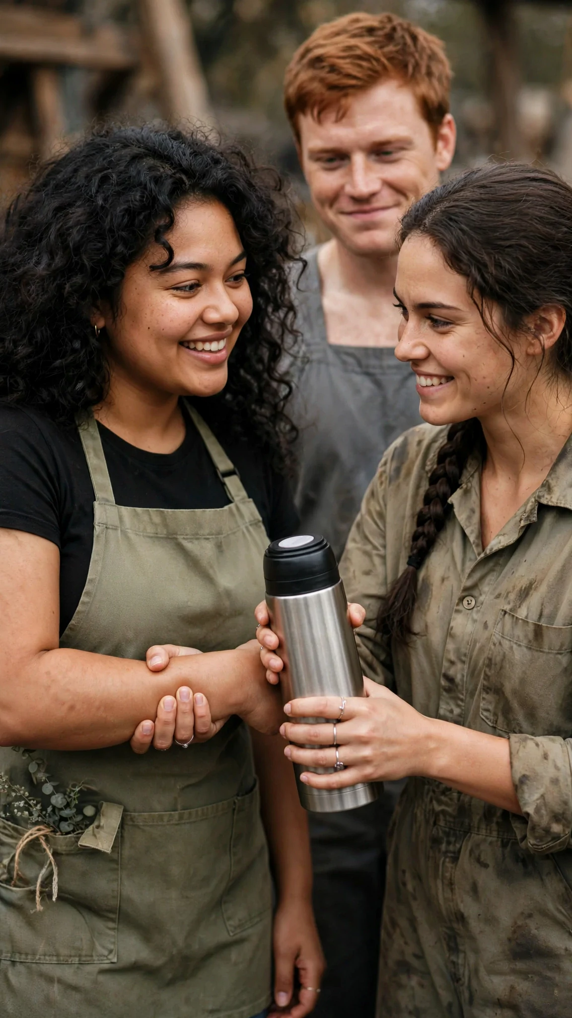 The friend hands over the thermos and squeezes the woman's arm.