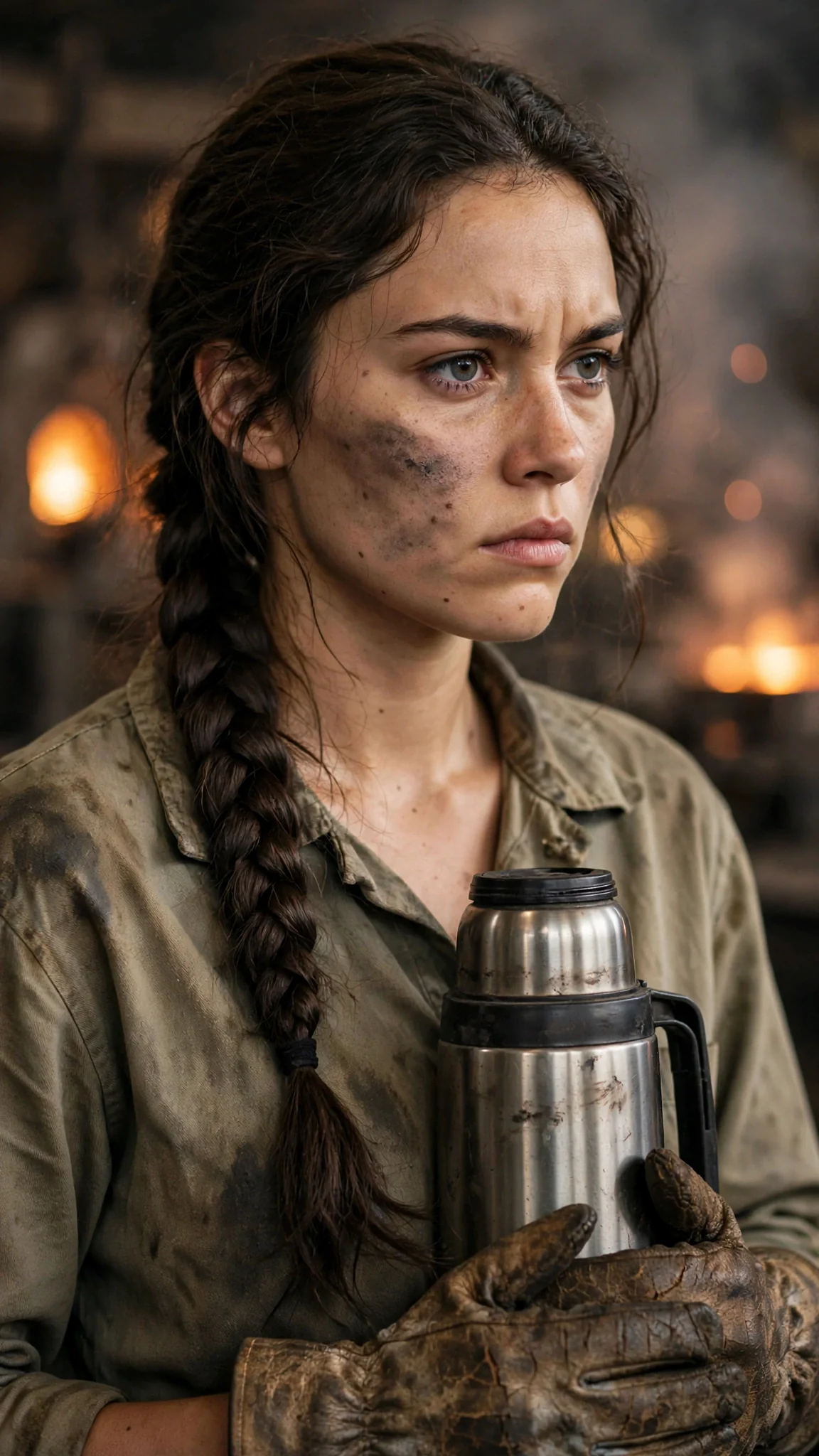 Close on the woman's tired face, thermos in her hands, quiet hurt behind her eyes.