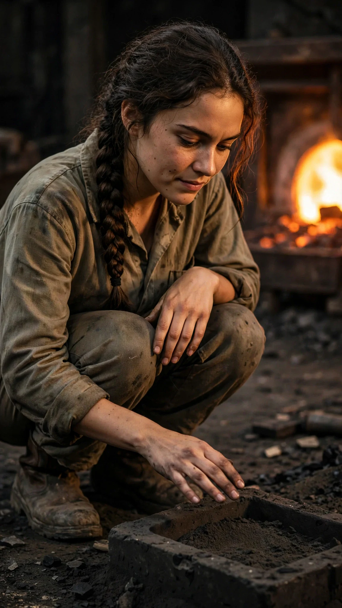 The woman holds a bare hand close to the cooling mold, feeling its warmth.