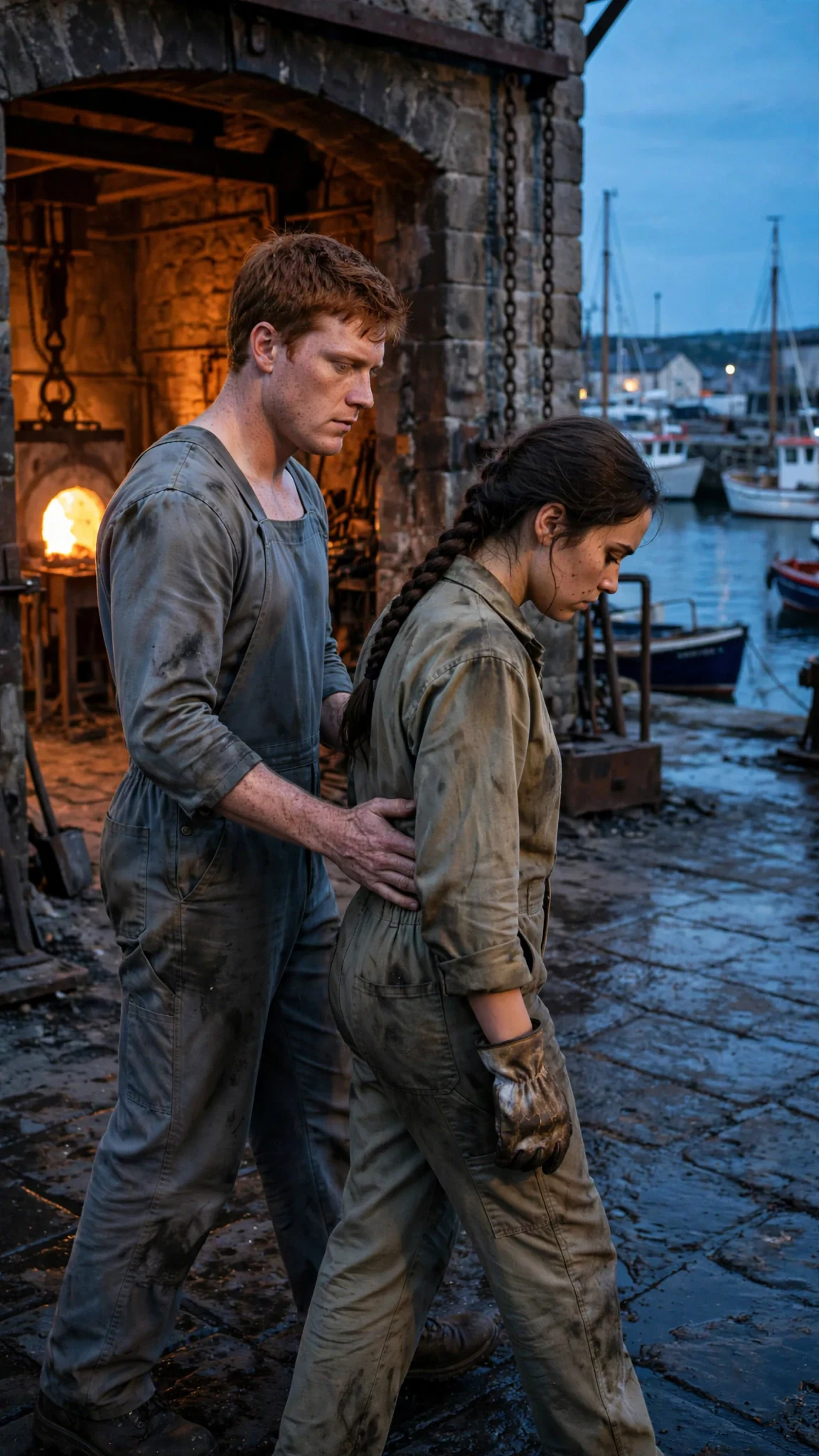 The brother and sister walk out through the foundry gate into the blue harbor evening.