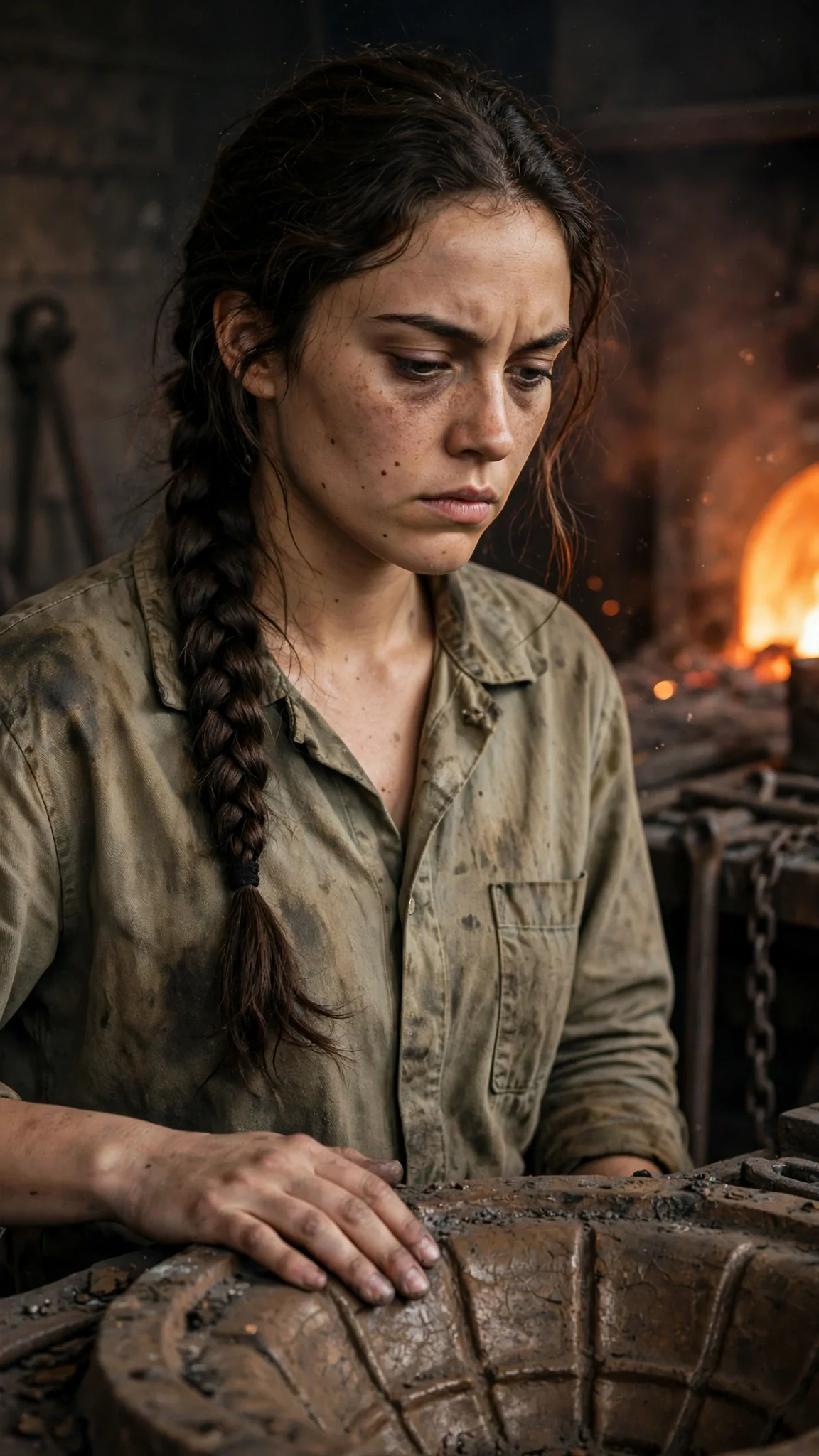 A tired young woman in an oil-stained work shirt stands in a dim foundry at dawn, hand on a cold bell mold.