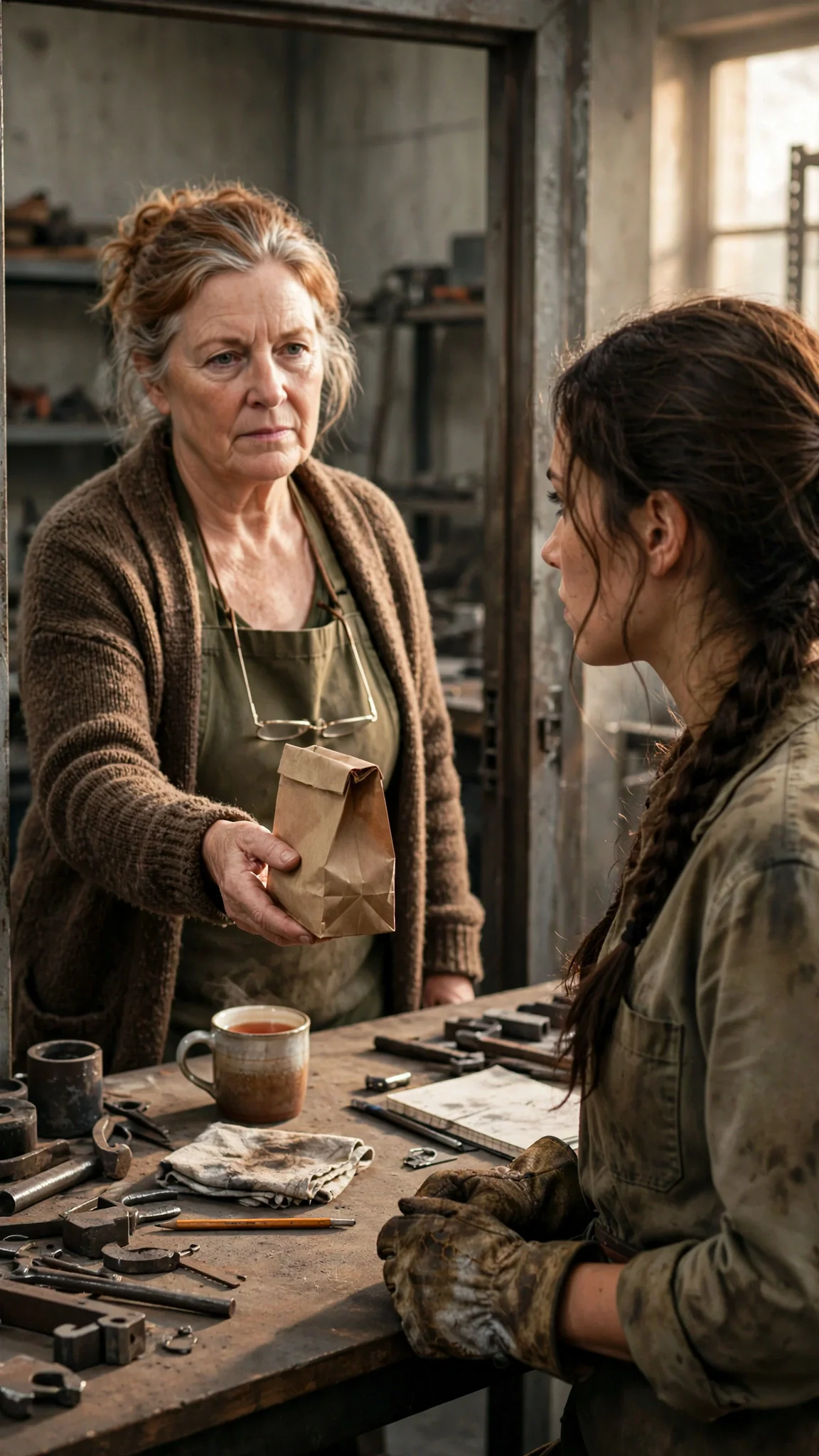 A silver-streaked woman in her fifties in a wool cardigan holds out a paper bag to the tired young woman.