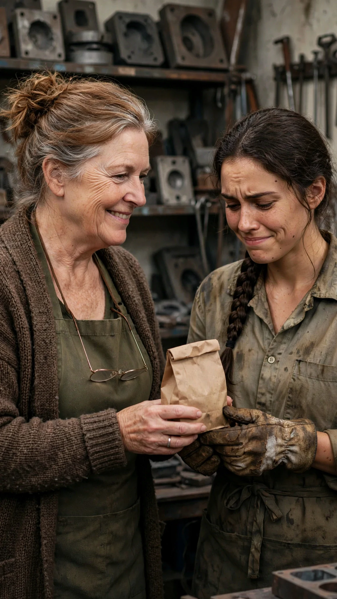 Morag presses a paper bag into Elspeth's hands in the foundry office.