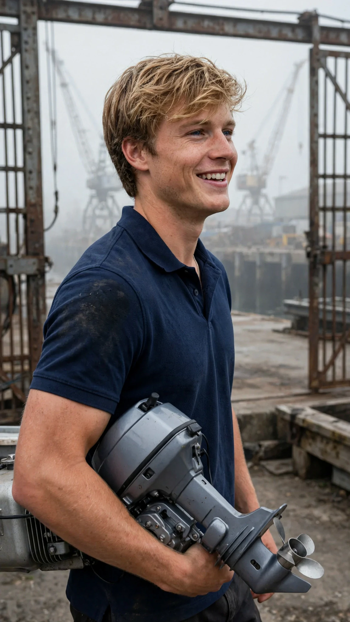 A sandy-haired young man carries a boat motor through a yard gate, grinning.