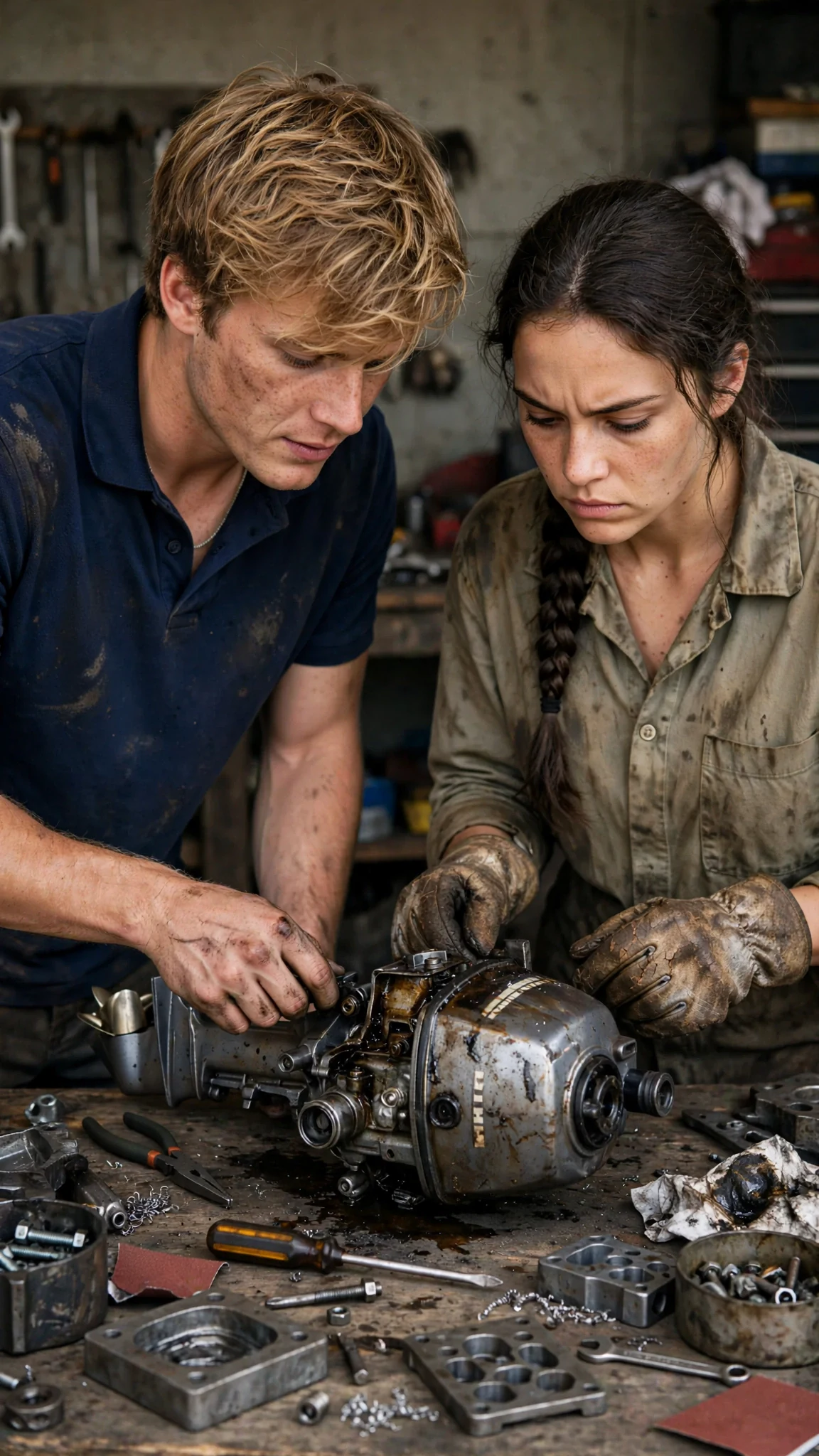 Wade sets the motor on a workbench and leans in, Elspeth looking at the motor instead of him.