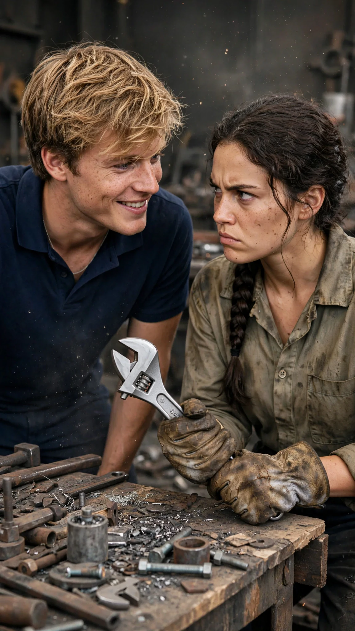 Wade leans close, studying Elspeth's face, and she holds a wrench tight.