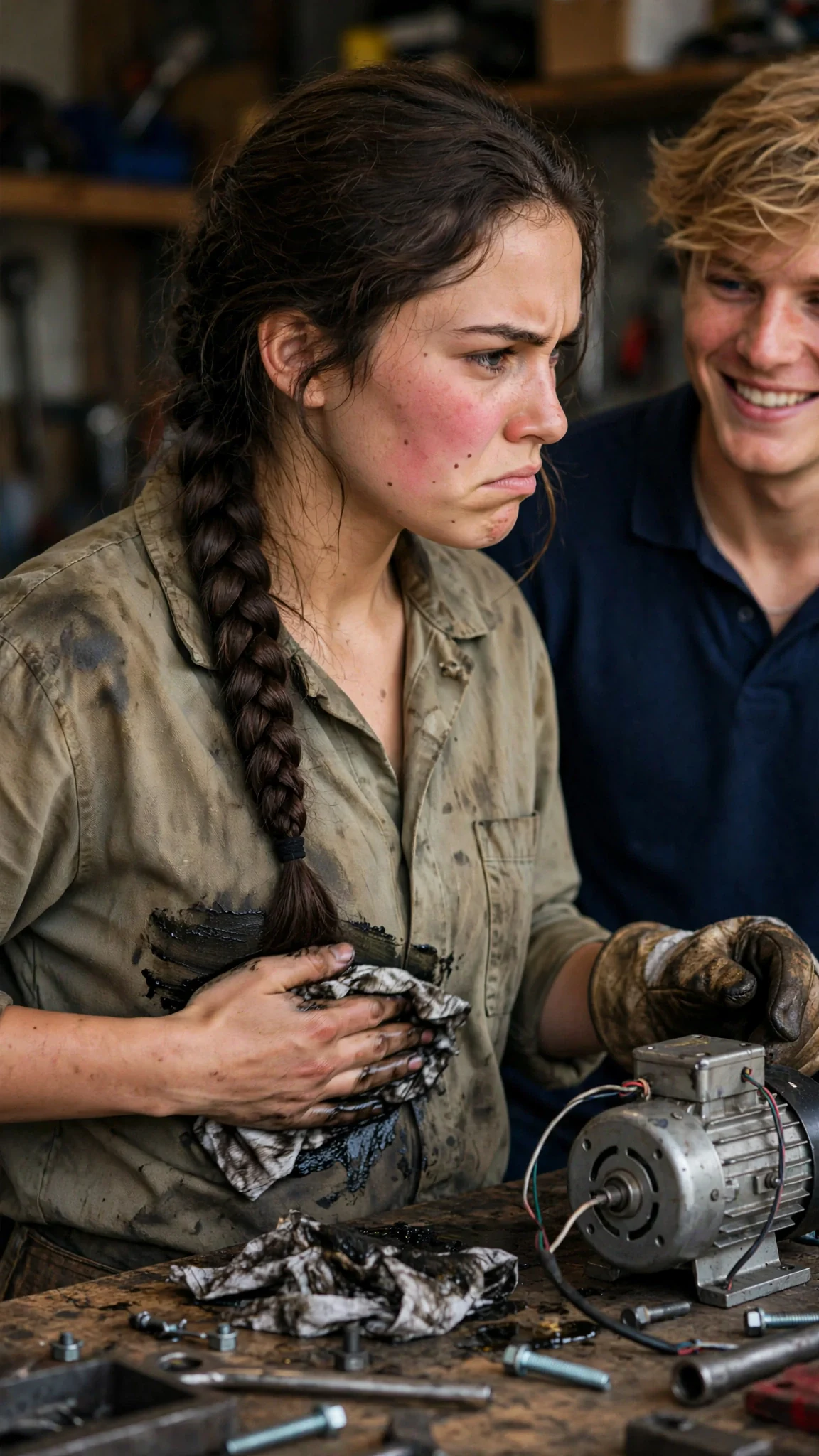 Elspeth turns from Wade to the motor, cheeks hot, wiping grease on her shirt.