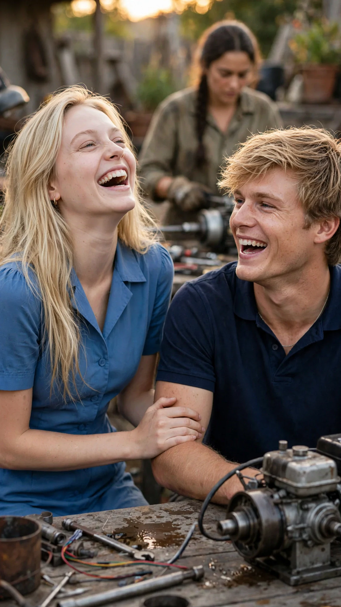 Talitha laughs with a hand on Wade's arm; Elspeth stands alone at the bench in the background.