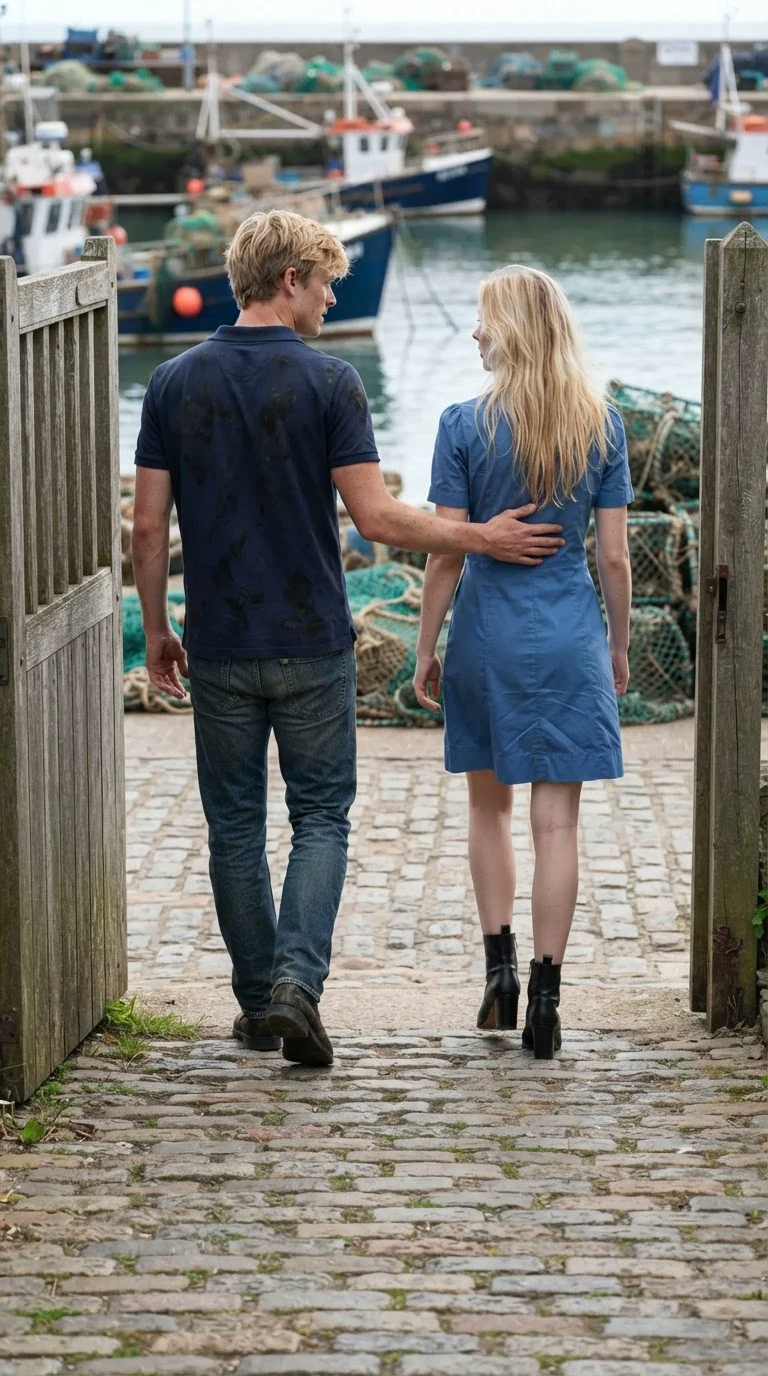 Wade's hand rests on Talitha's back as they walk out the gate together.