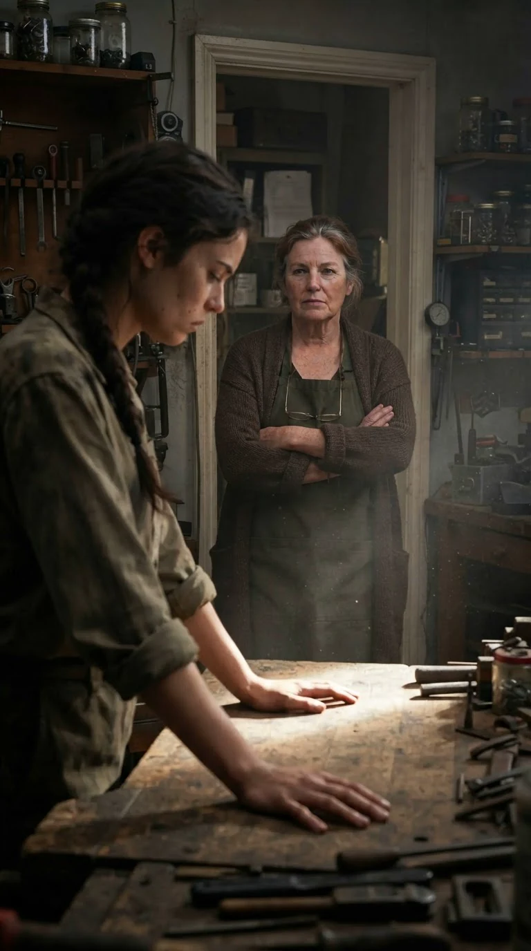 Elspeth stands alone at the bench; Morag appears in the office doorway with her arms crossed.