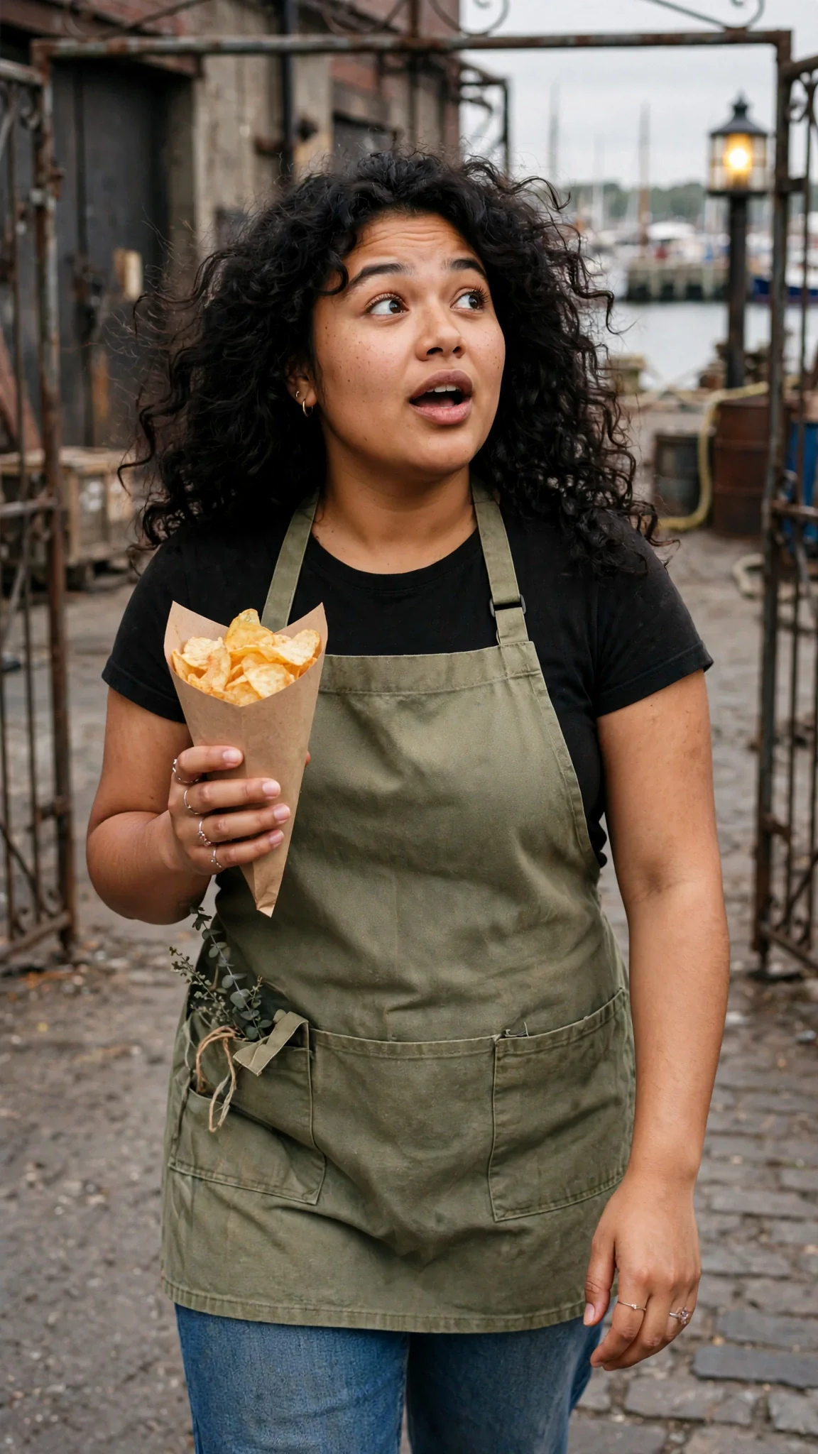 A round-faced friend in a floral apron arrives holding a paper cone of chips, eyebrows raised.