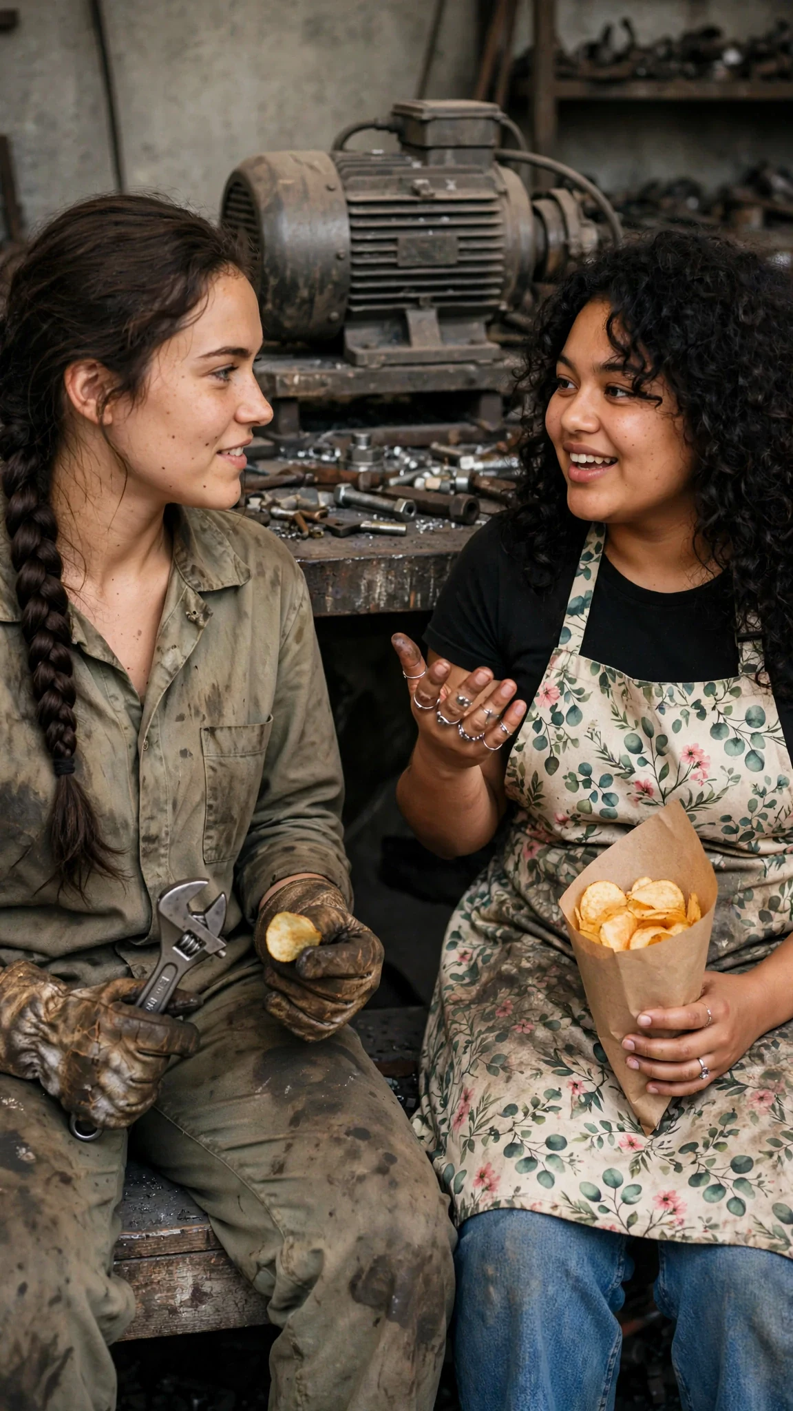 Elspeth and Ottilie sit on the bench with chips, Elspeth still holding a wrench.
