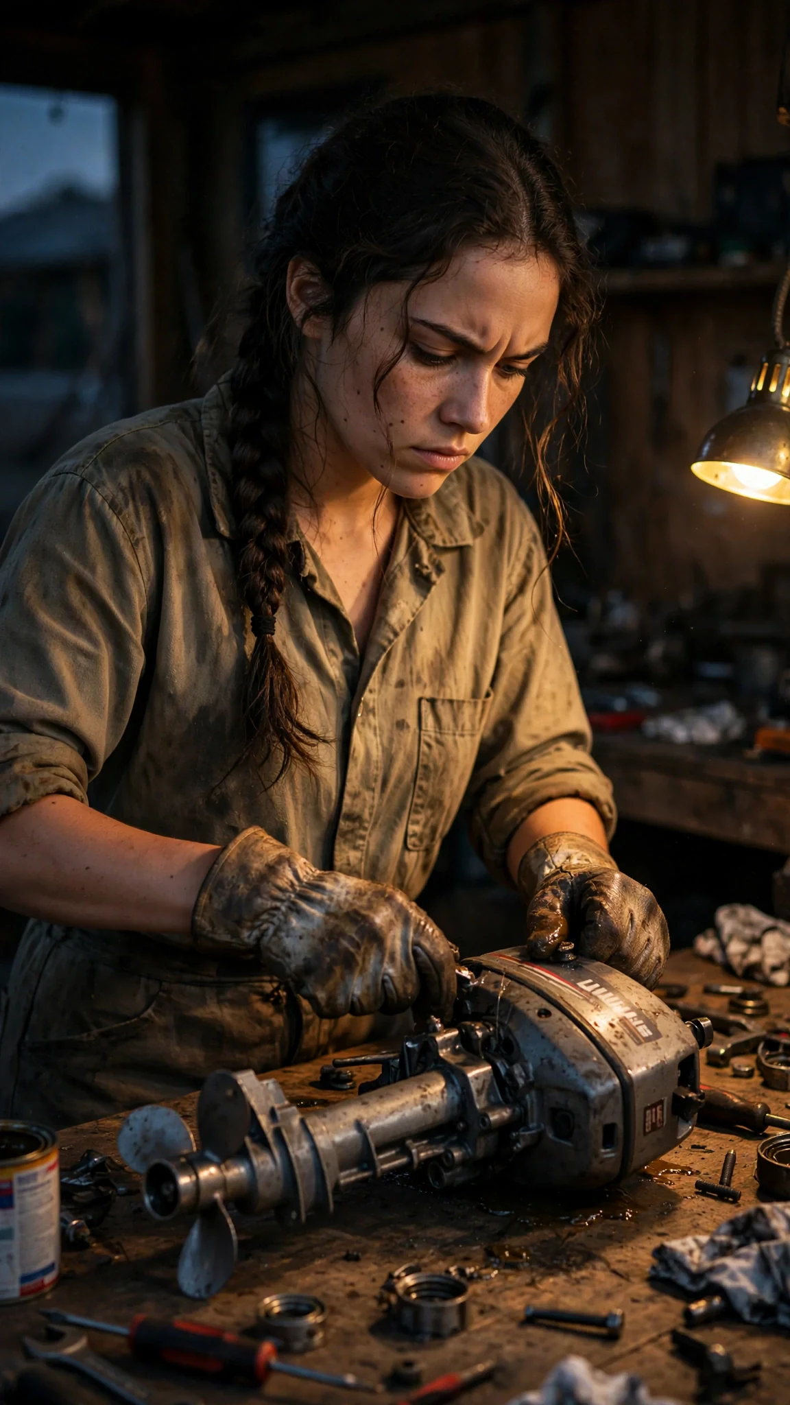 Elspeth works alone on the motor as evening light fades, hands sure and steady.