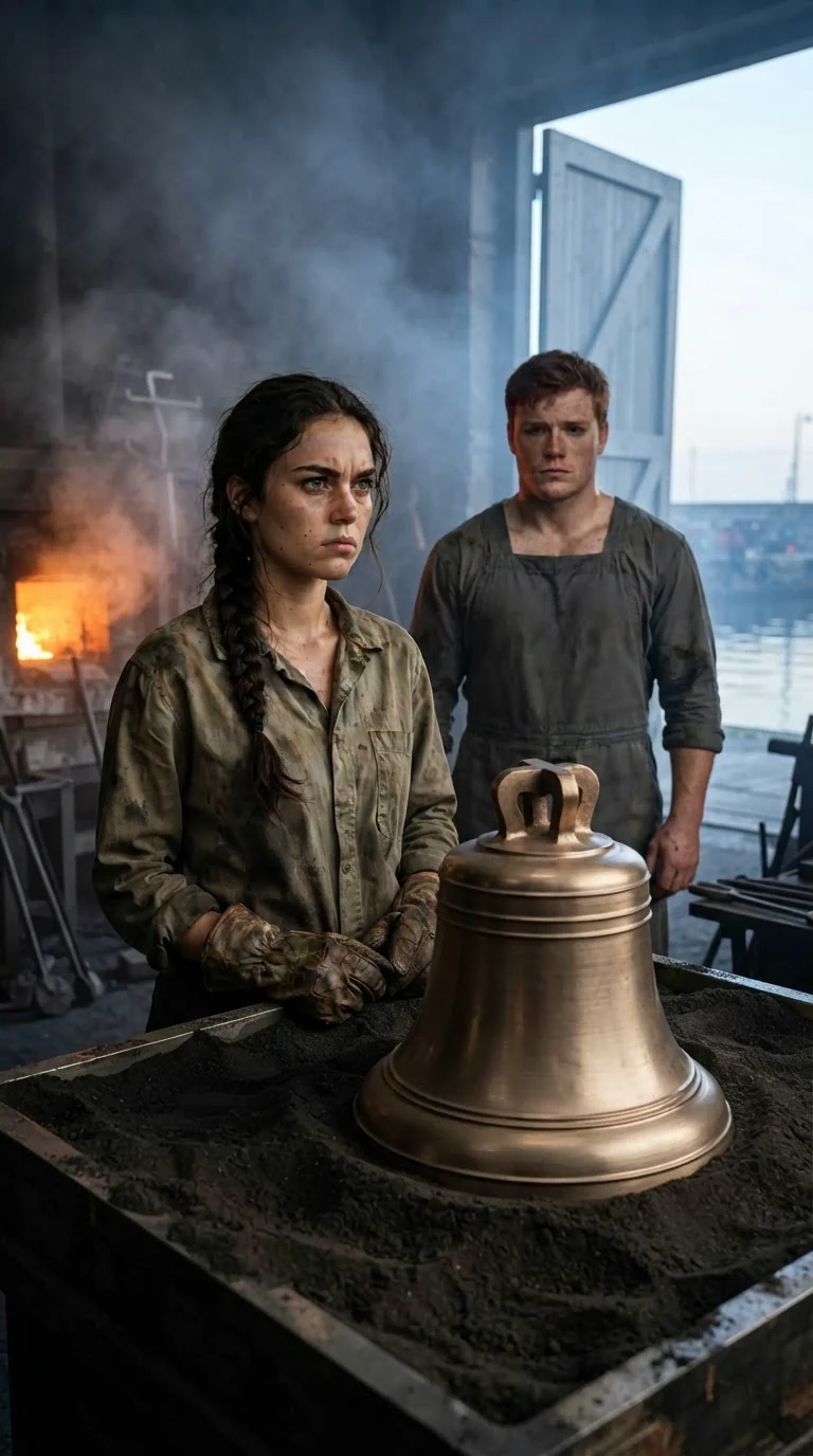 A lean, sun-browned young woman in oil-stained work clothes stares at a bronze bell still crusted with sand.