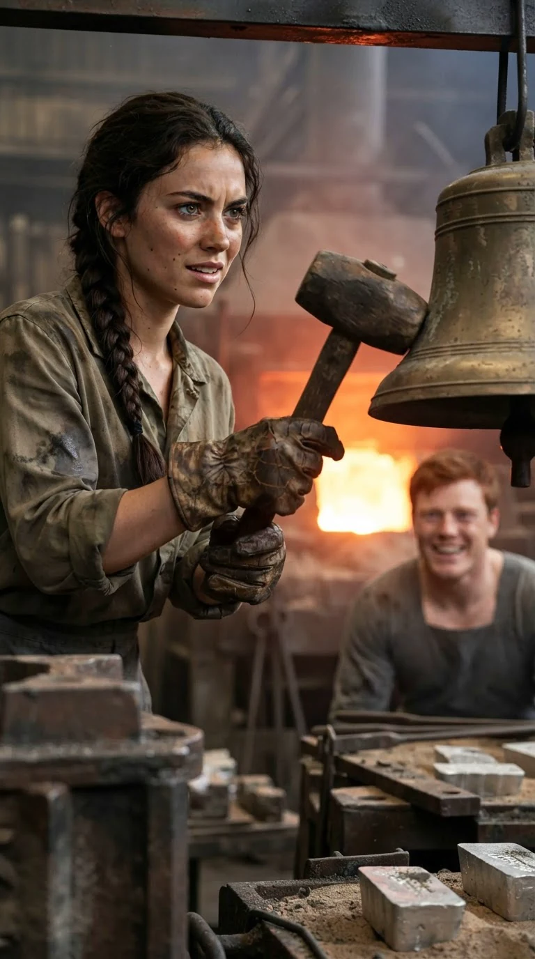 The young woman strikes the bronze bell with a mallet, mouth open, eyes bright.