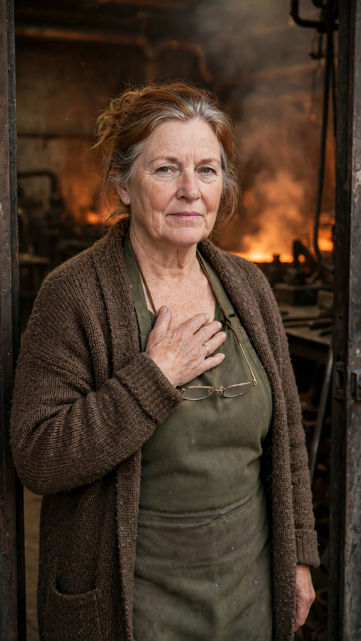 A sturdy older woman with silver-streaked auburn hair stands in an office doorway, hand on her chest.