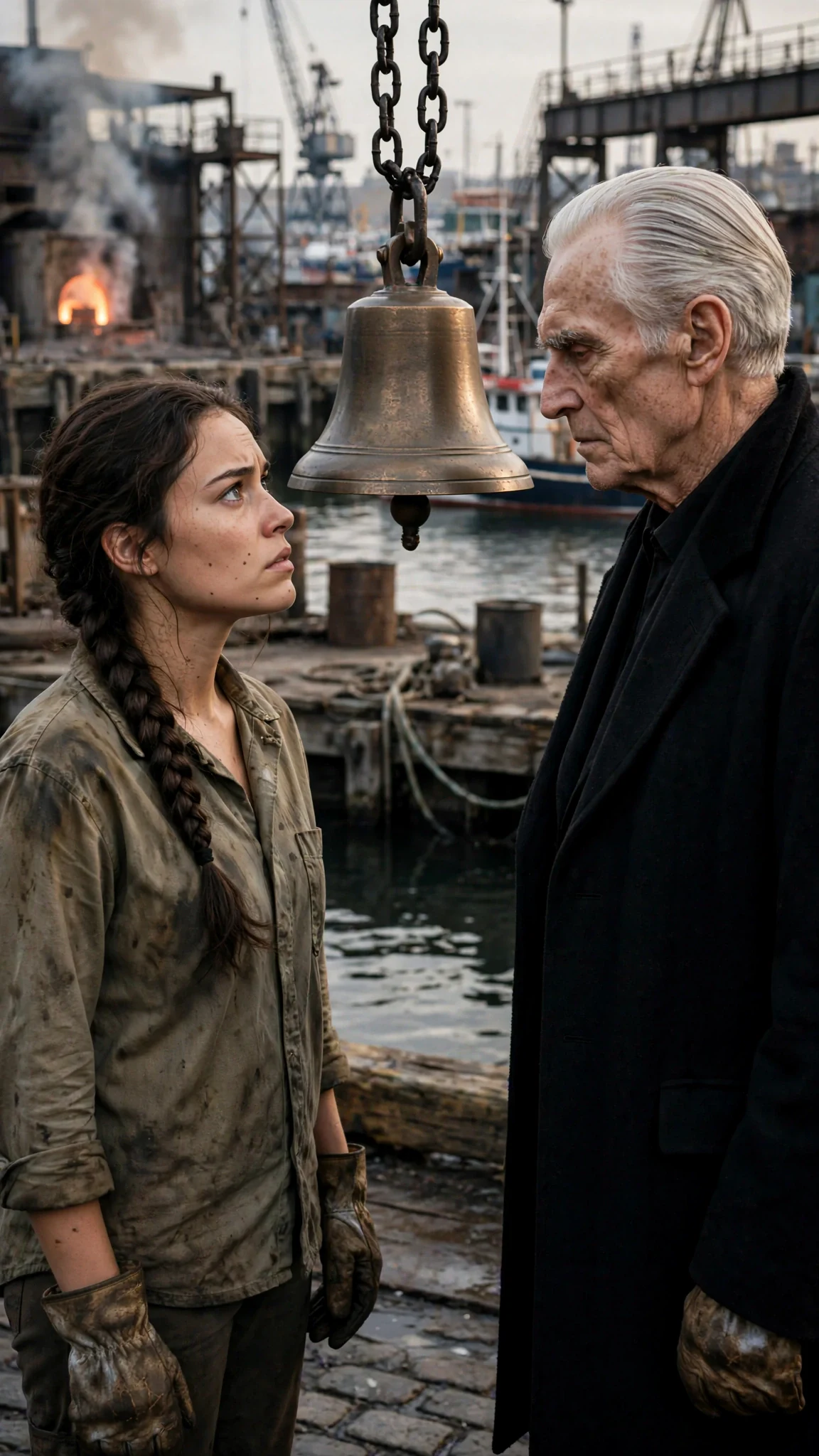 The young woman answers the elder, chin lifted, dirty hands at her sides.