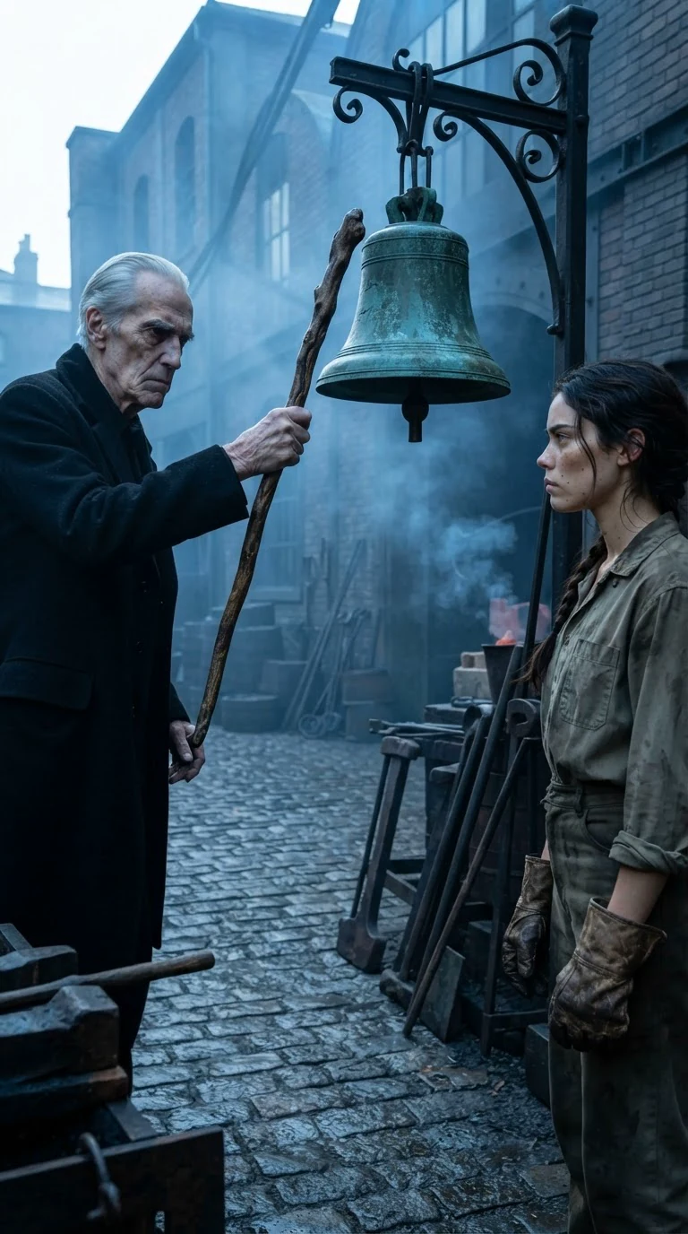 The elder gestures at the bell with his staff while the young woman listens, jaw tight.