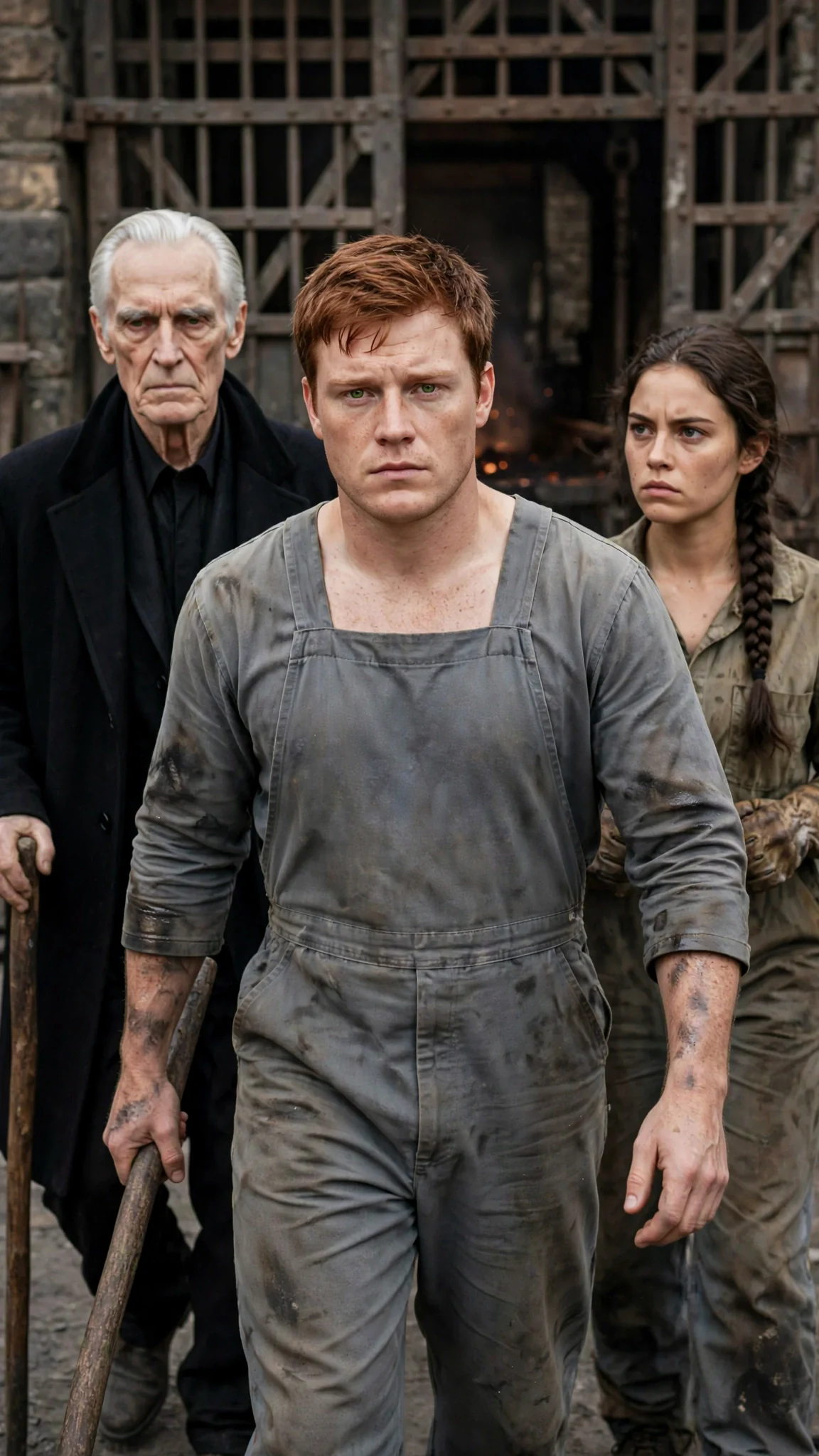 The red-haired man in overalls steps forward between his sister and the elder.