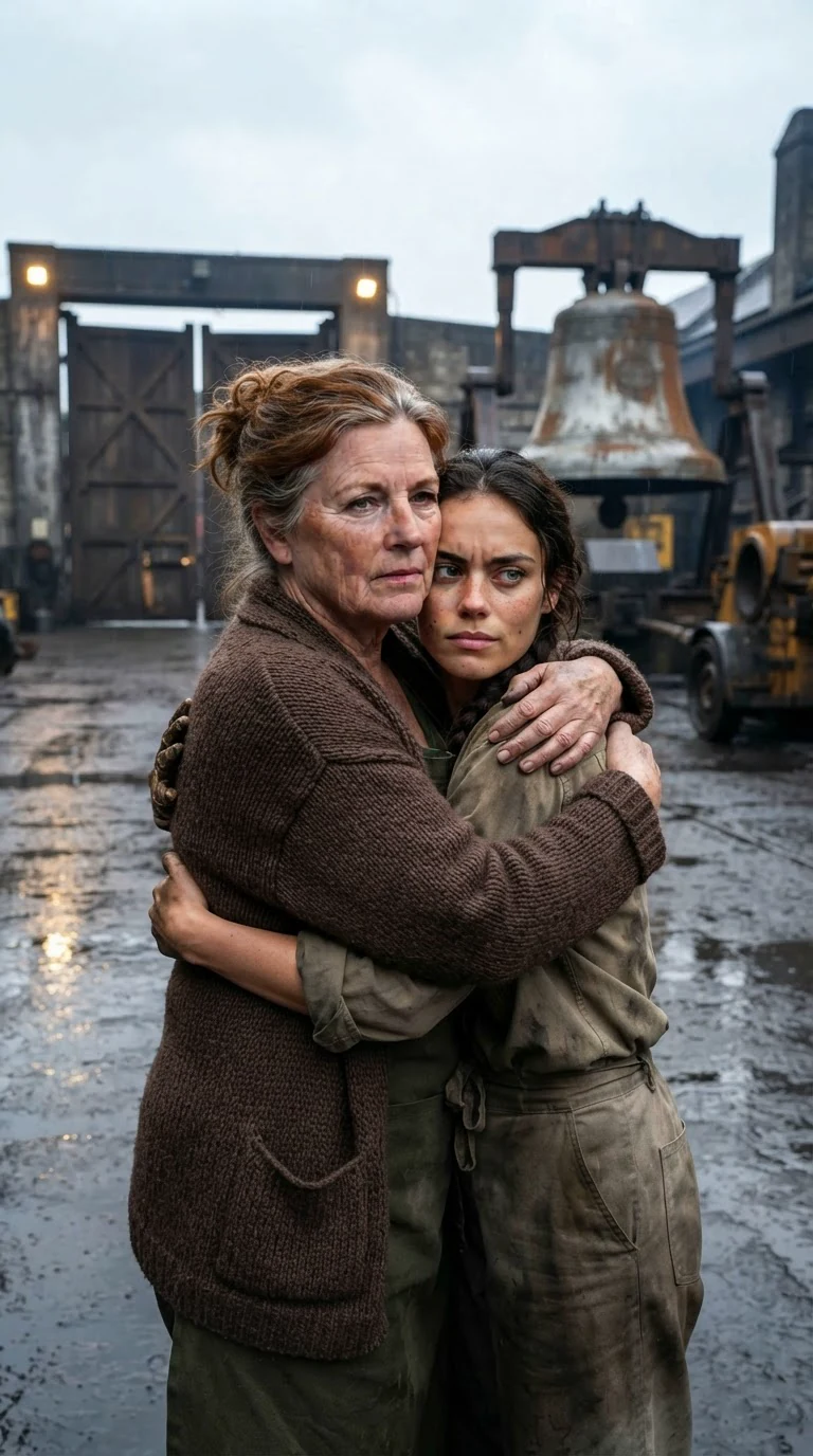 The older woman hurries across the yard and hugs the young woman hard.