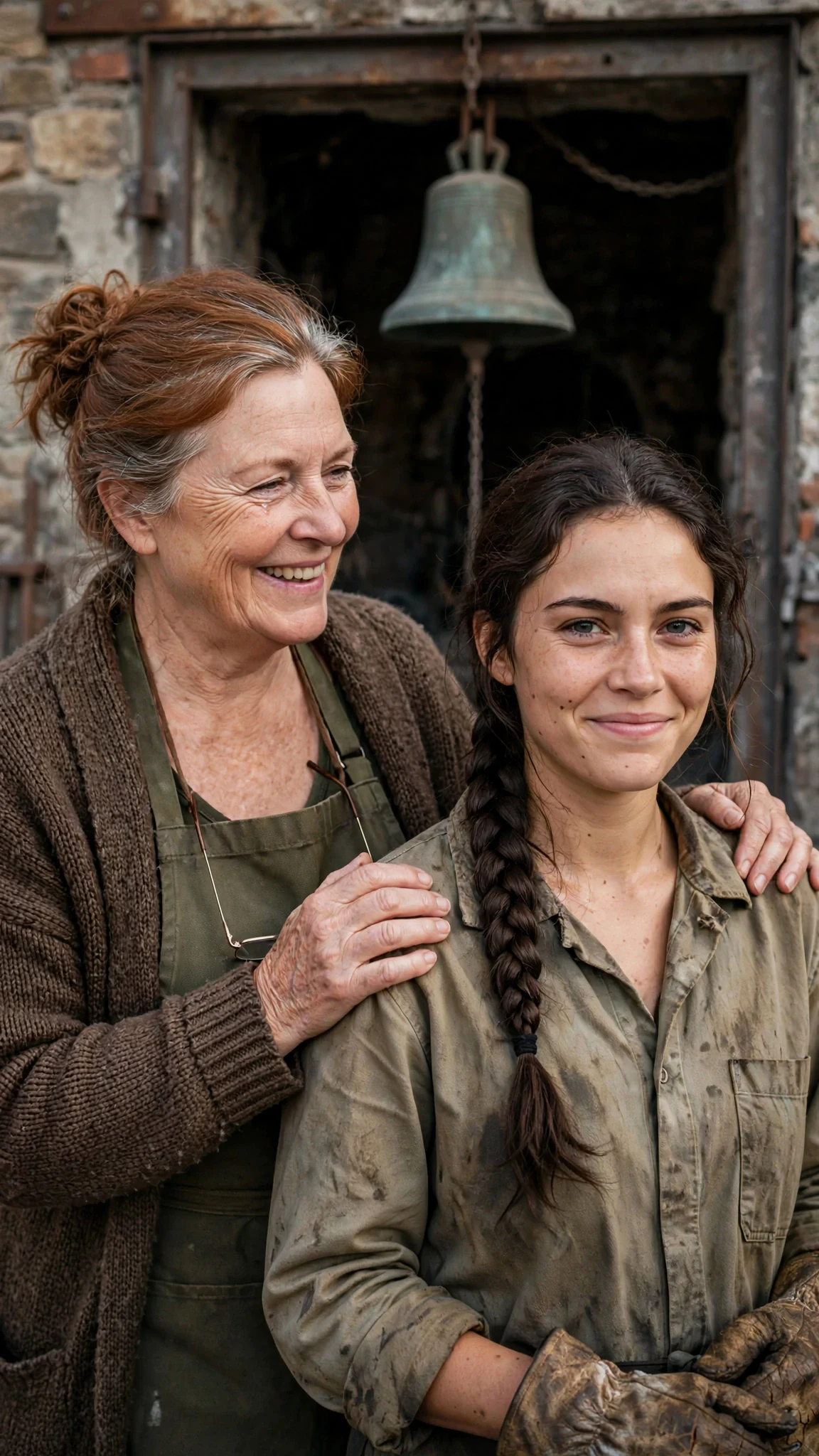 The mother holds her daughter at arm's length, beaming, while the daughter smiles politely.