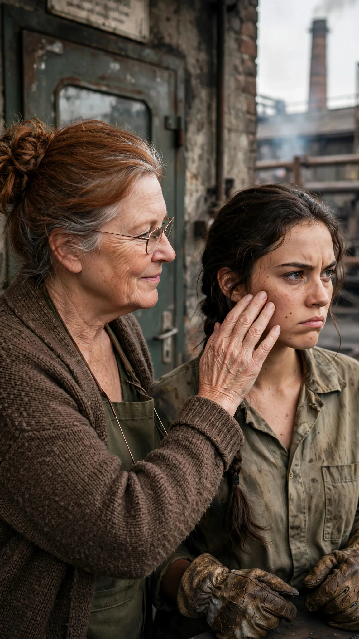 The mother pats her daughter's cheek, giving her a knowing look.