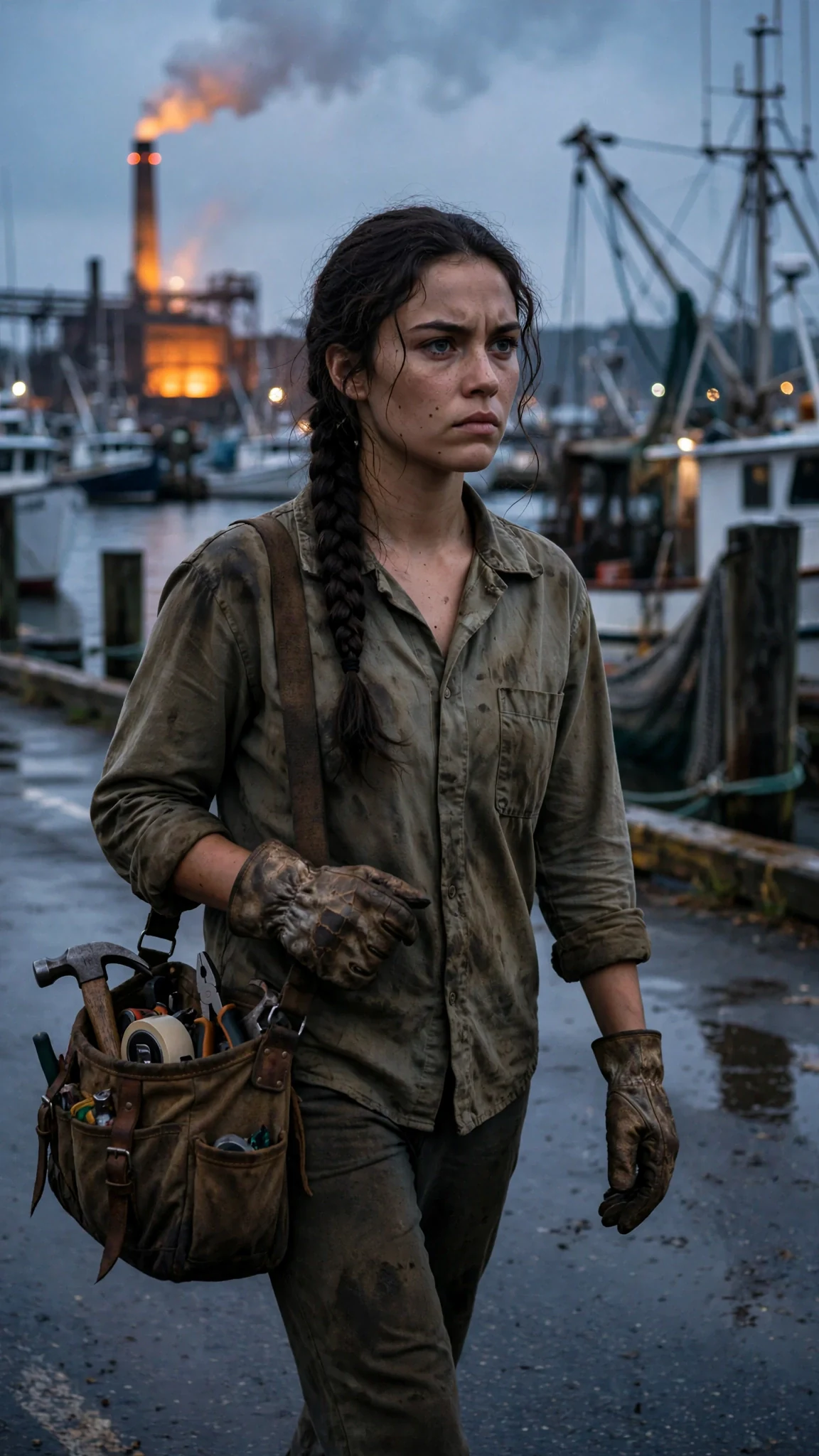 The young woman walks home along the harbor road at dusk, tool bag over her shoulder.