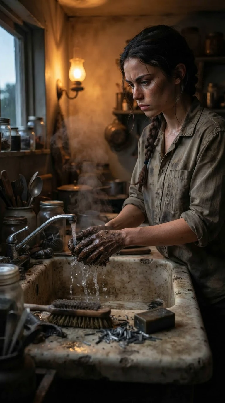 Elspeth scrubs bronze dust off her hands at a stone sink in a small kitchen at dusk.