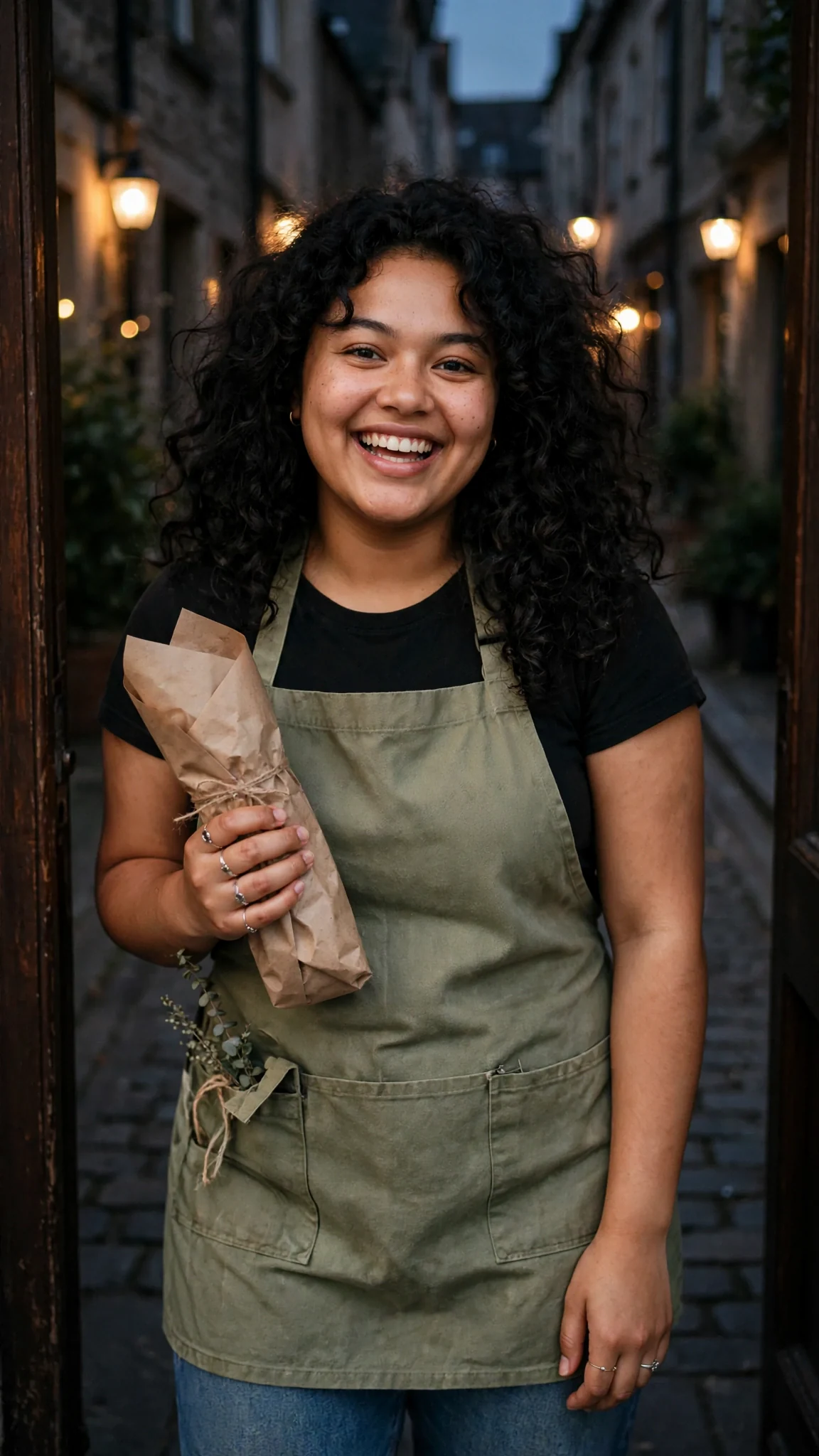Ottilie stands in Elspeth's doorway holding a brown paper bundle, grinning.