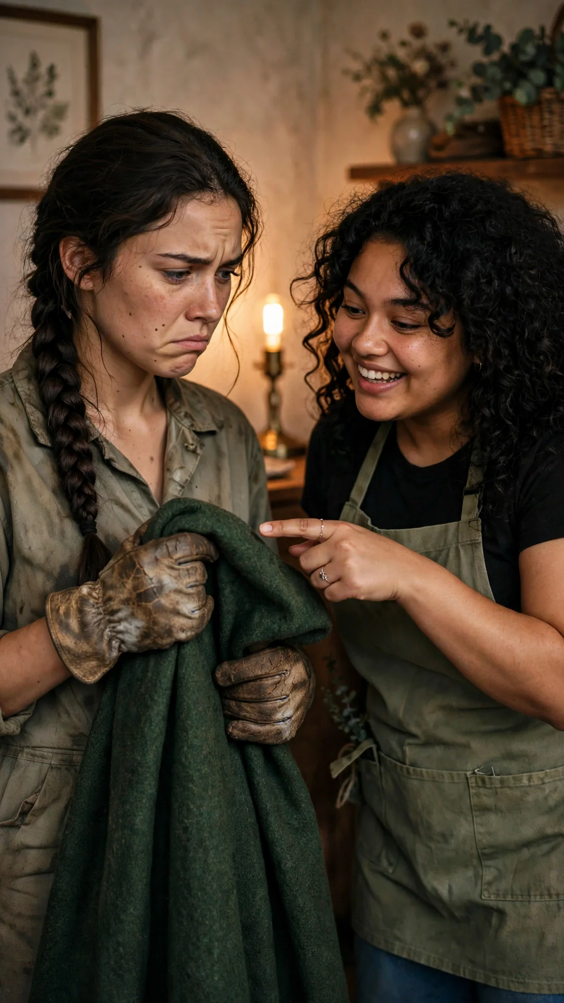 Elspeth holds the dress against herself, doubtful, as Ottilie argues with her.