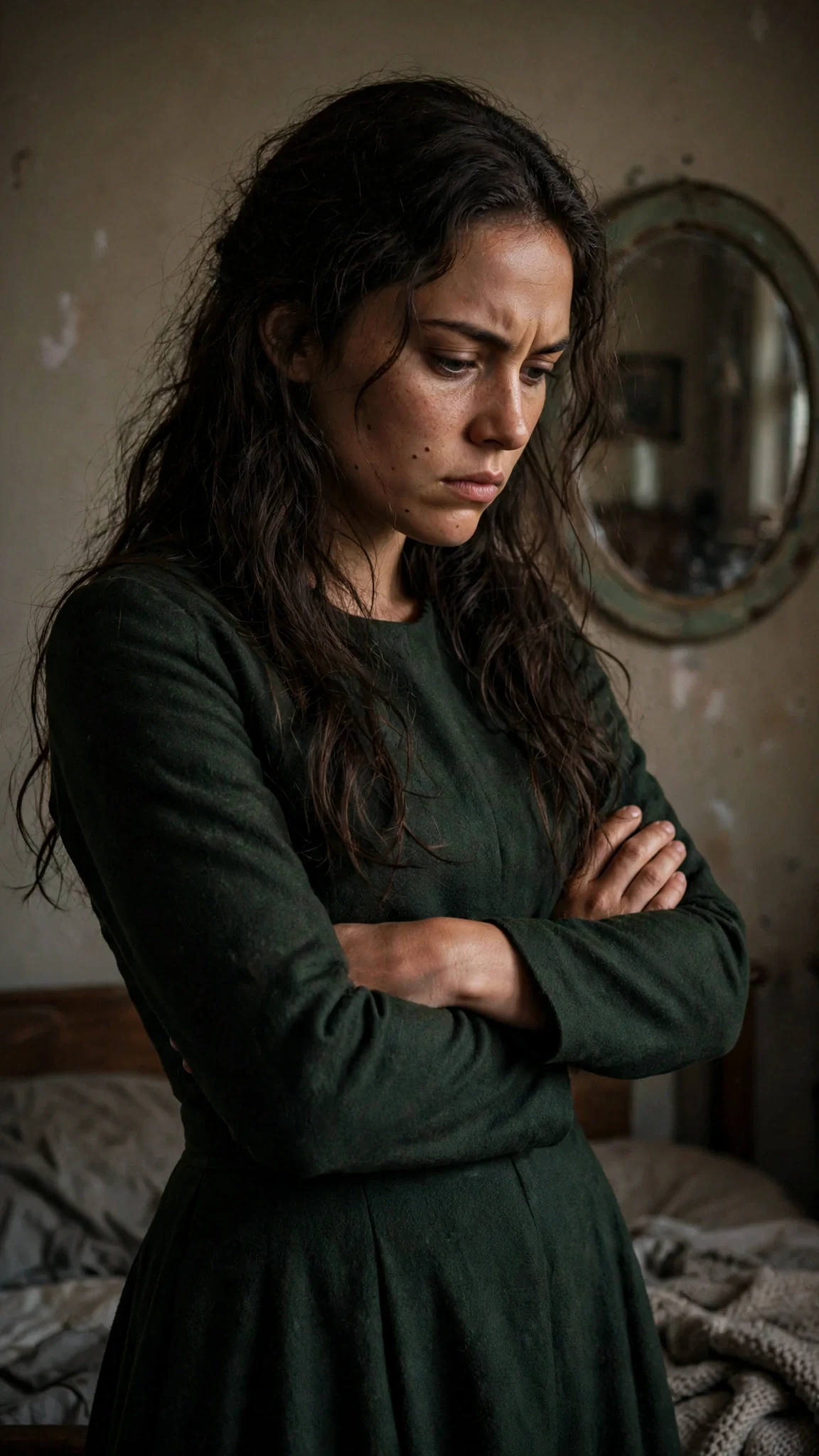 Elspeth in the green dress with her arms crossed, standing before a small mirror.