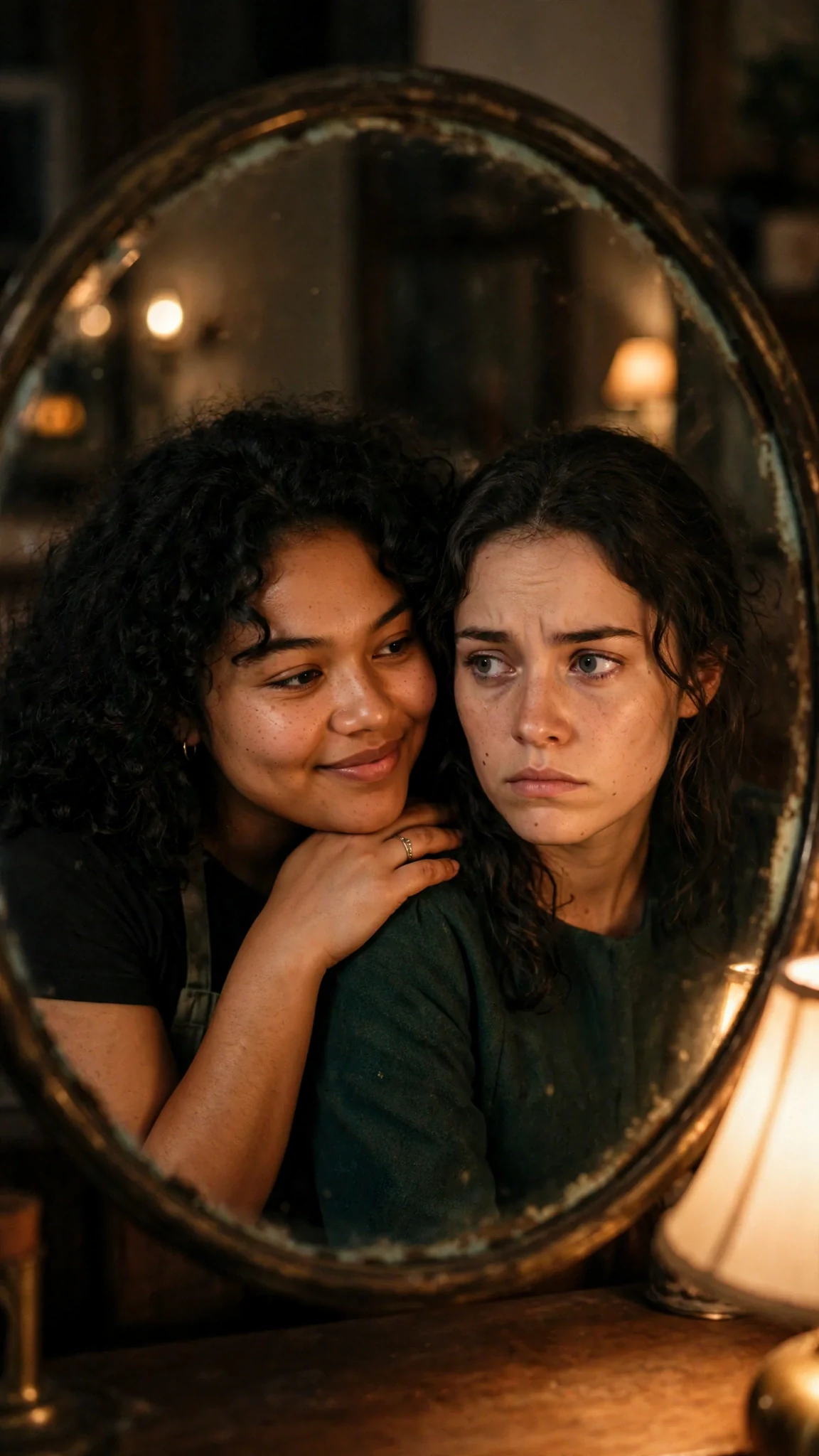 Ottilie rests her chin on Elspeth's shoulder in front of the mirror.