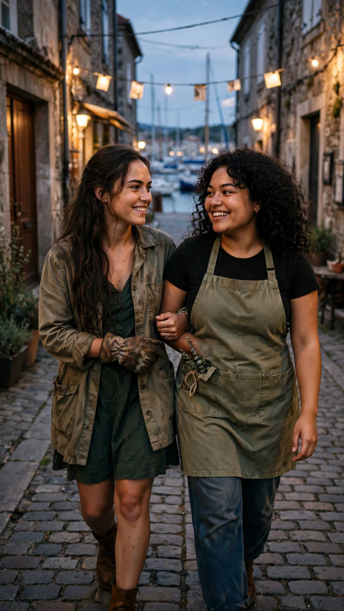 Two women walk a cobbled lane at dusk with lanterns strung ahead of them.