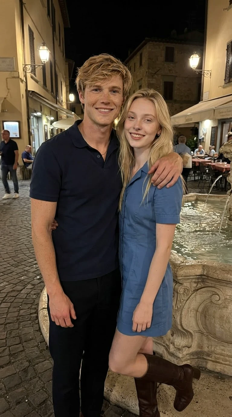 Wade stands by the fountain with his arm around Talitha, showing her off.