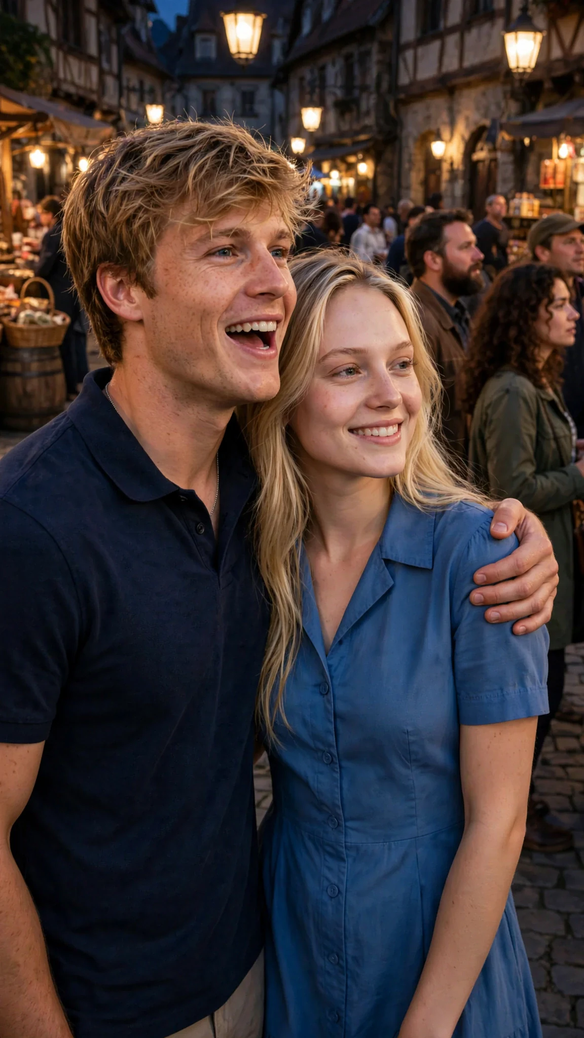 Wade calls across the square, Talitha tucked under his arm, people turning to look.