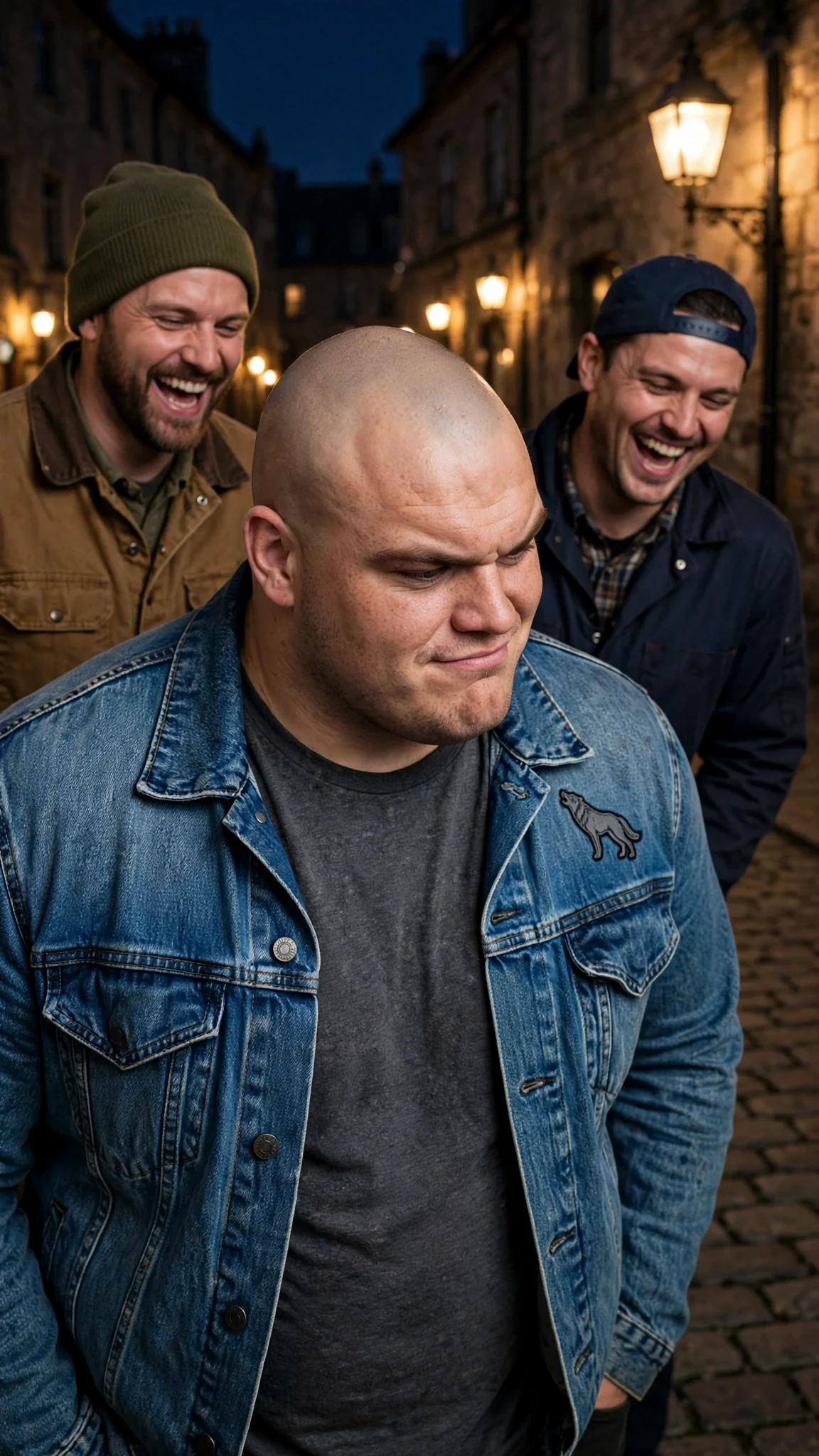 Duff sneers at Elspeth, two other pack men laughing behind him.