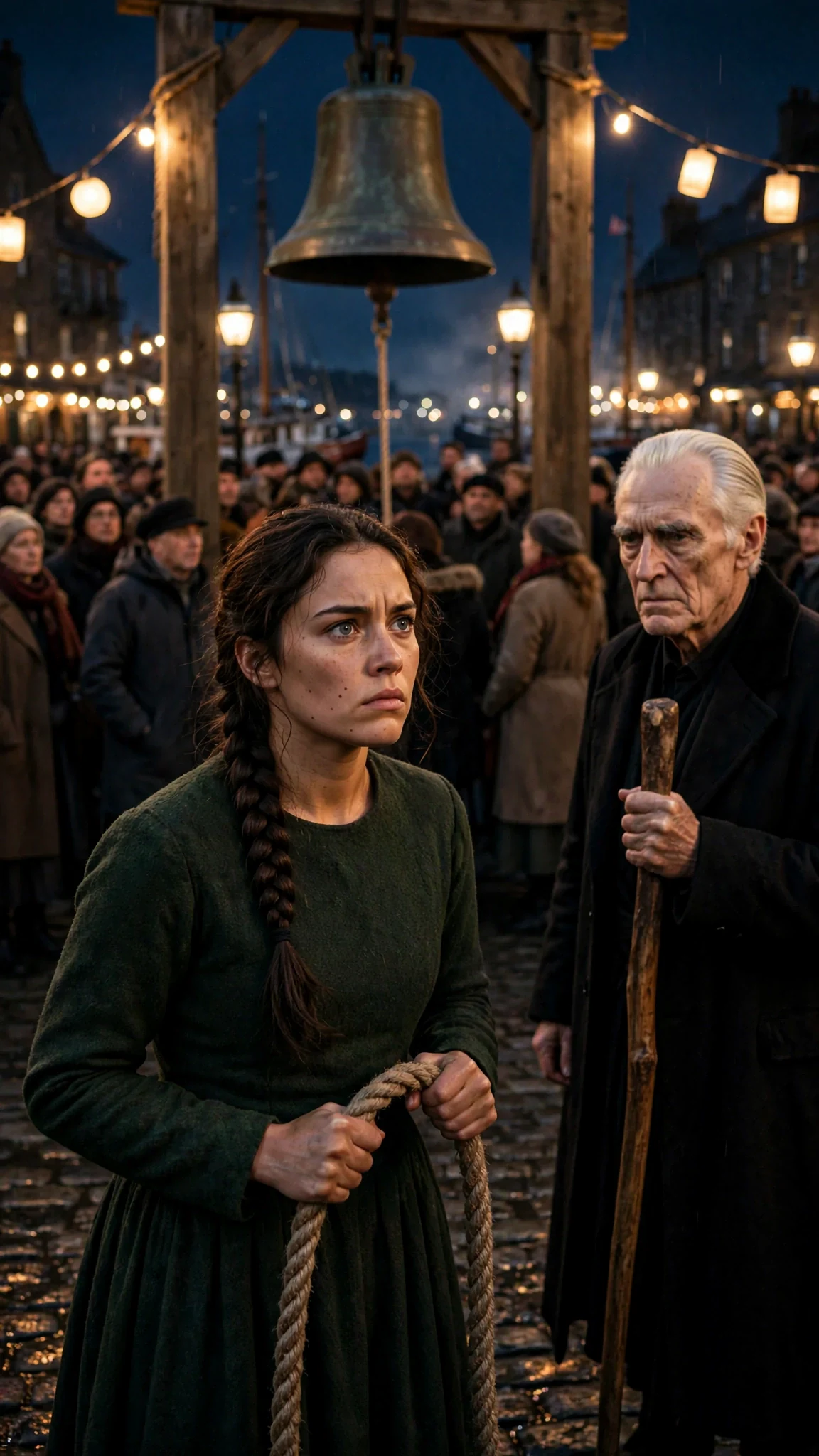 Elspeth stands at the bell rope in a green wool dress under hanging lanterns, the whole pack crowded into the square behind her.