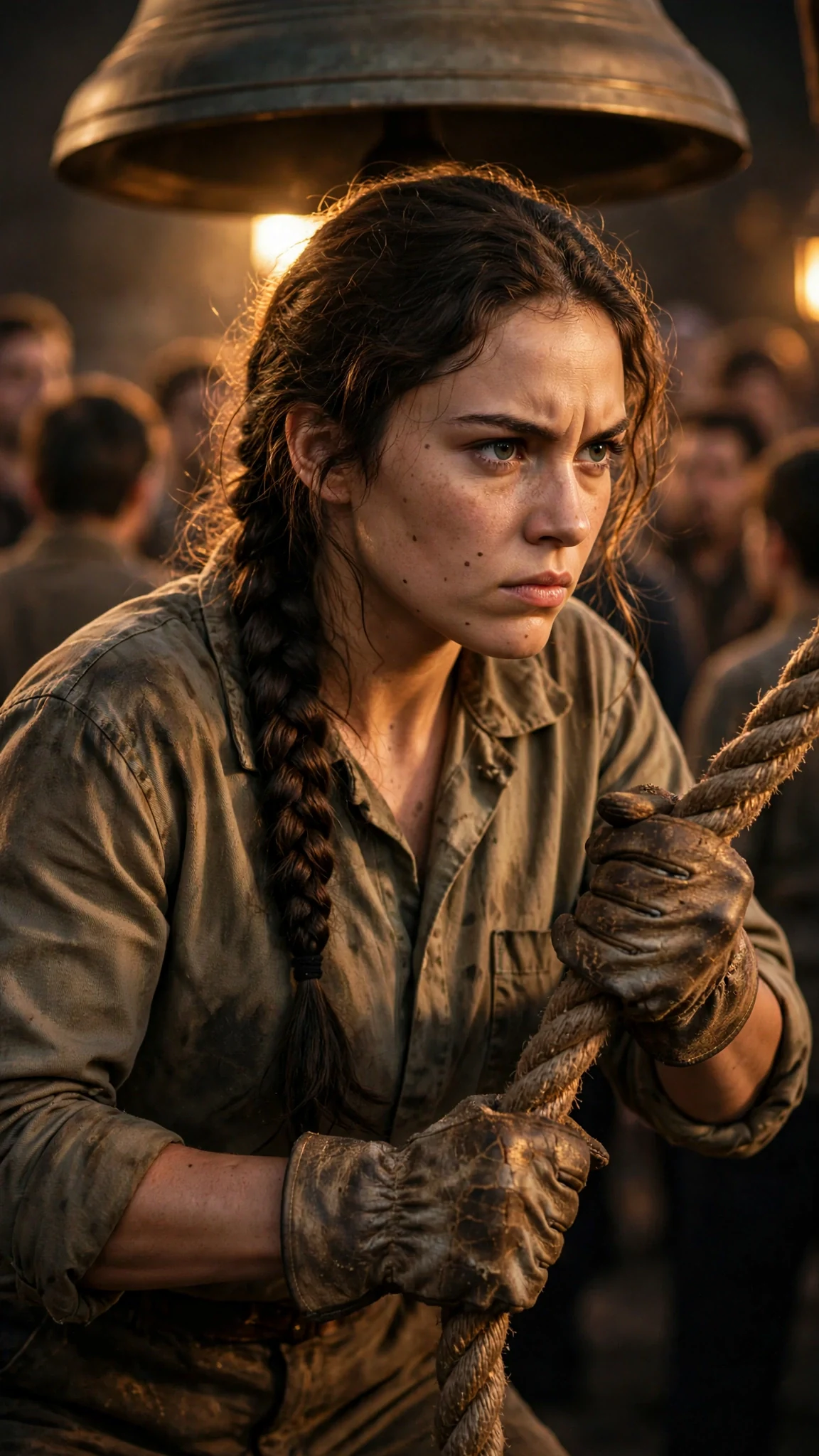 Close view of Elspeth pulling the bell rope with her chin up, mouth tight with effort.