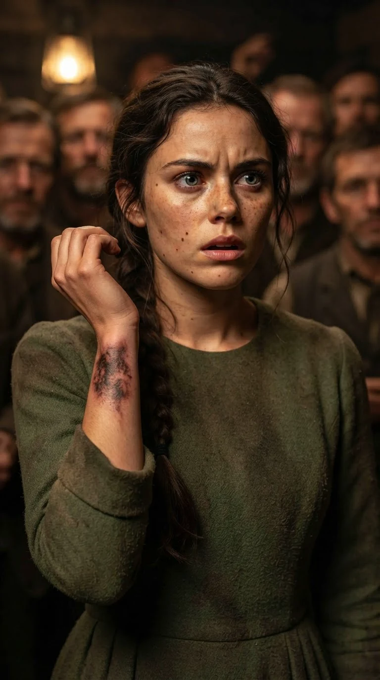 Elspeth looks down at her own wrist as a dark mark rises under the skin, her face startled.